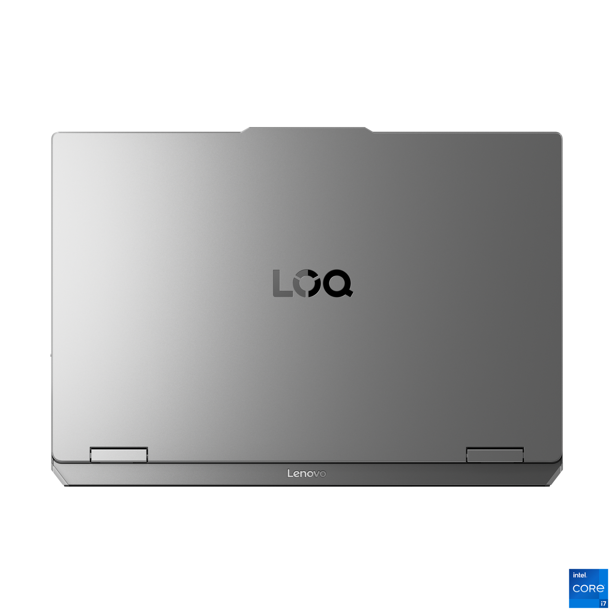 LOQ ve Lenovo logolu kapalı gümüş dizüstü bilgisayar.