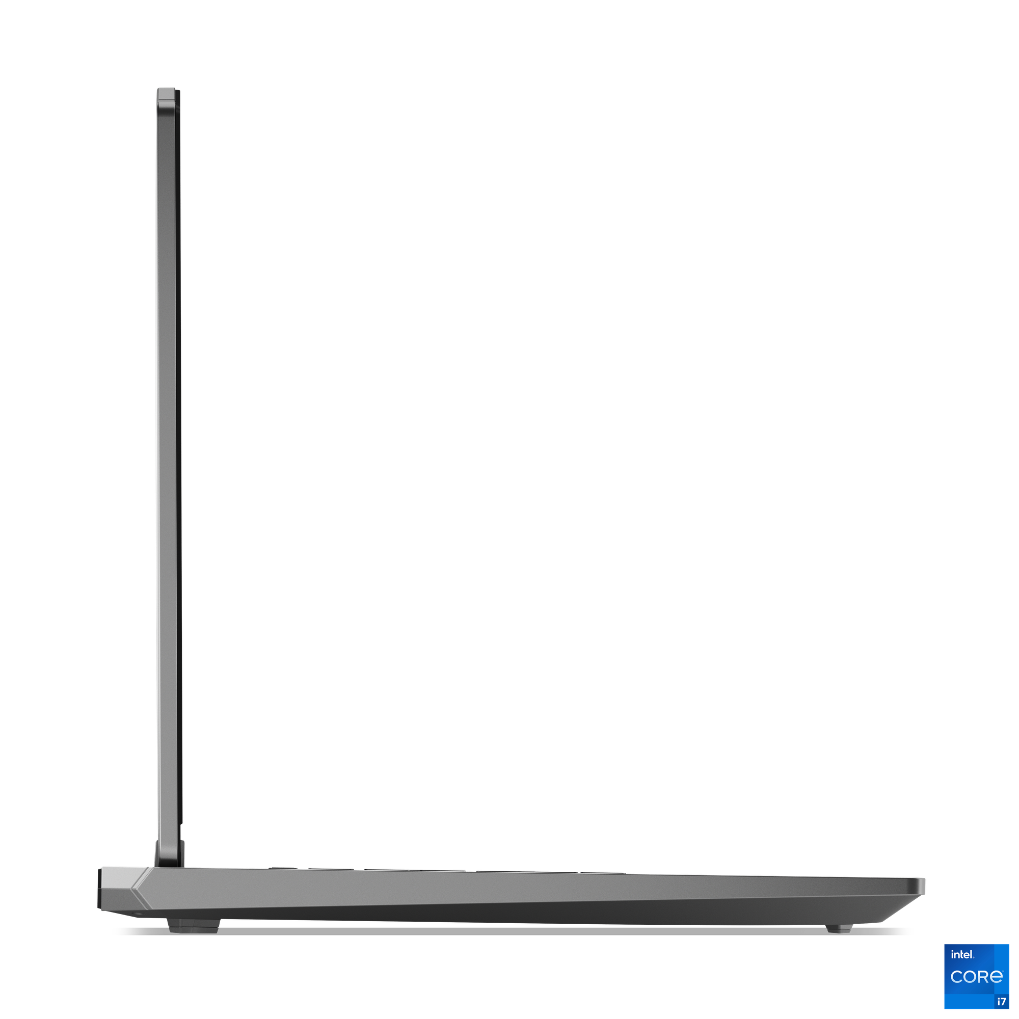 Intel Core i7 logolu gri dizüstü bilgisayarın yandan görünüşü.