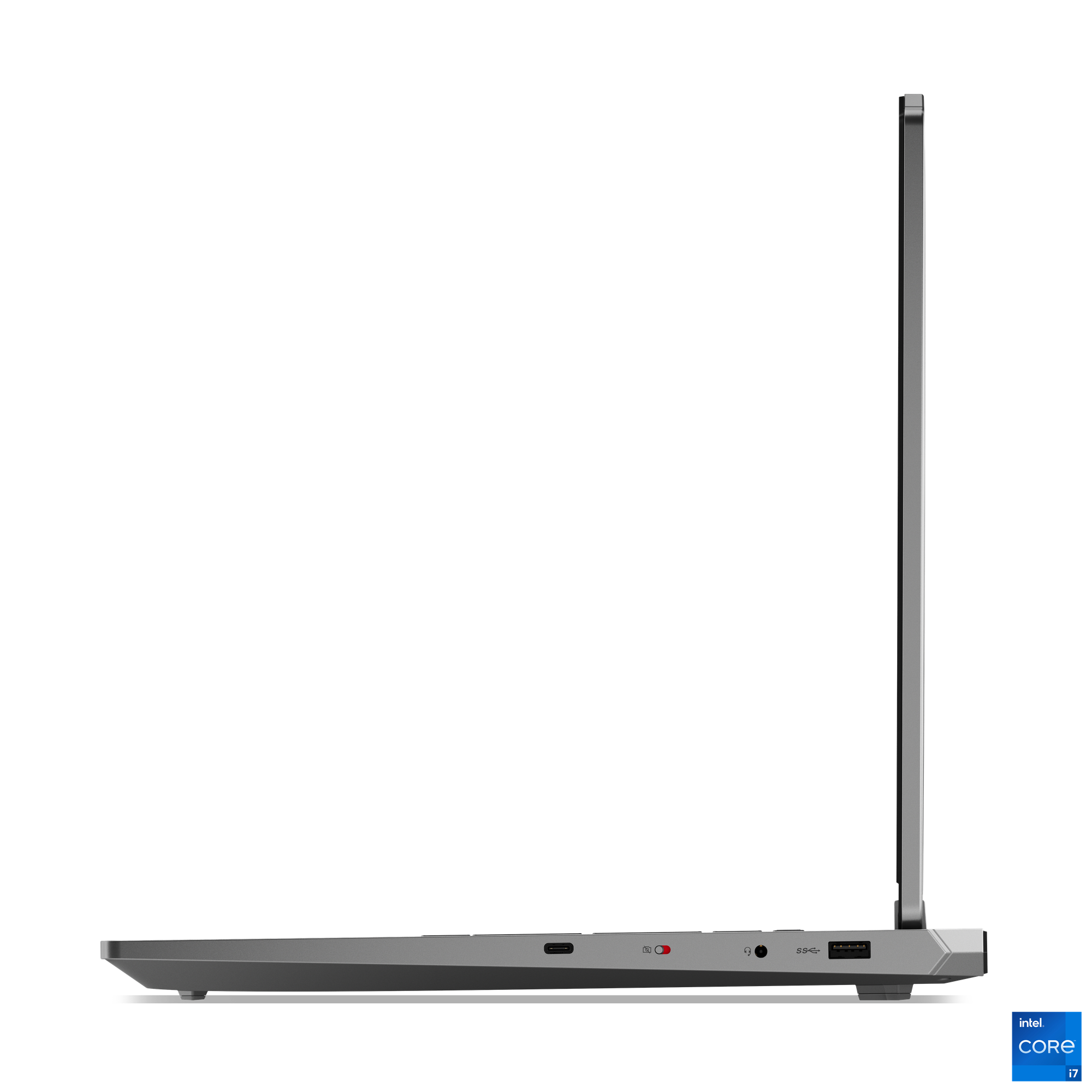 Yandan görünüşlü gümüş rengi dizüstü bilgisayar, yan tarafında portlar görünüyor. Intel Core i7 logosu.