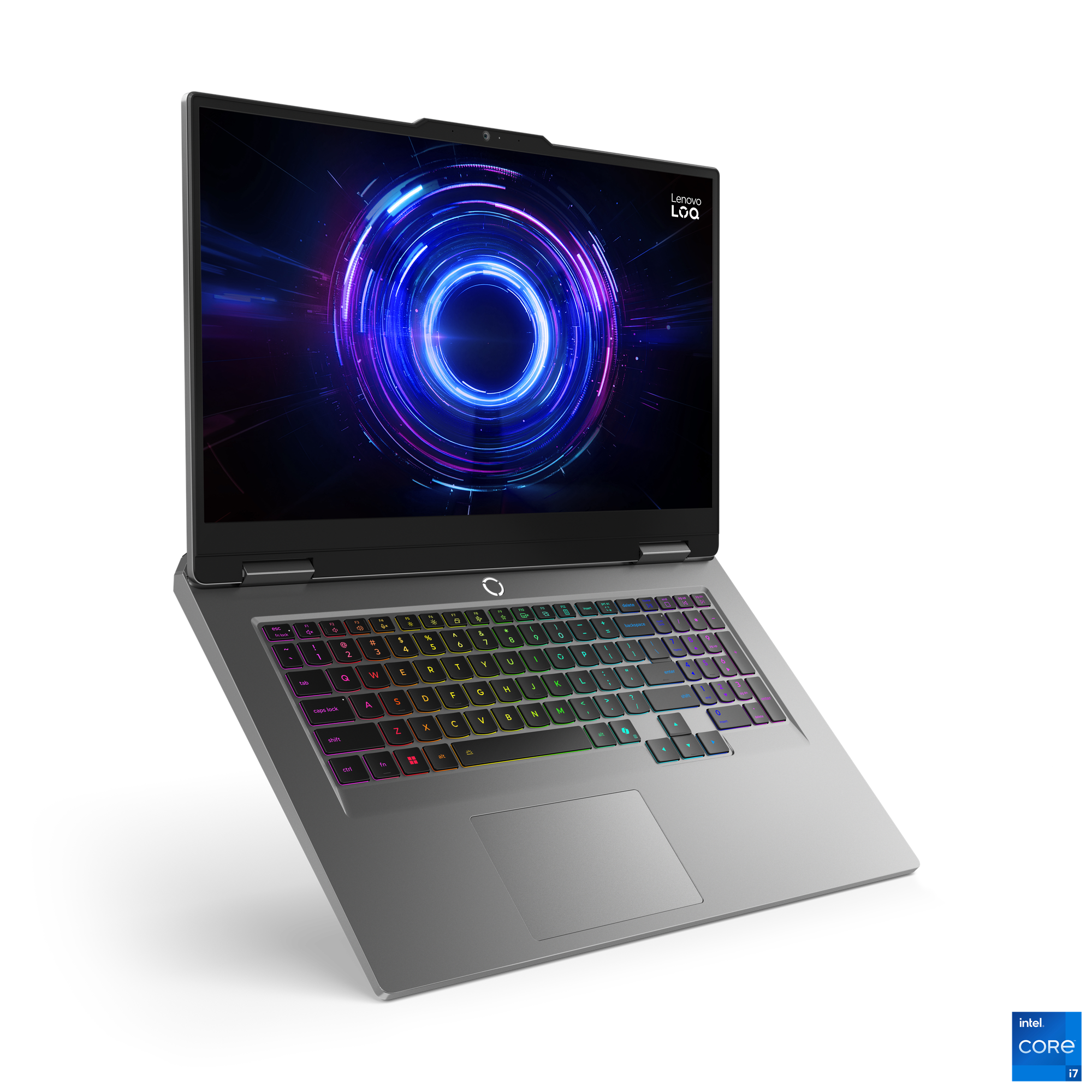 Arkadan aydınlatmalı klavyeli gri Lenovo LOQ oyun laptopu, soyut arka planlı.