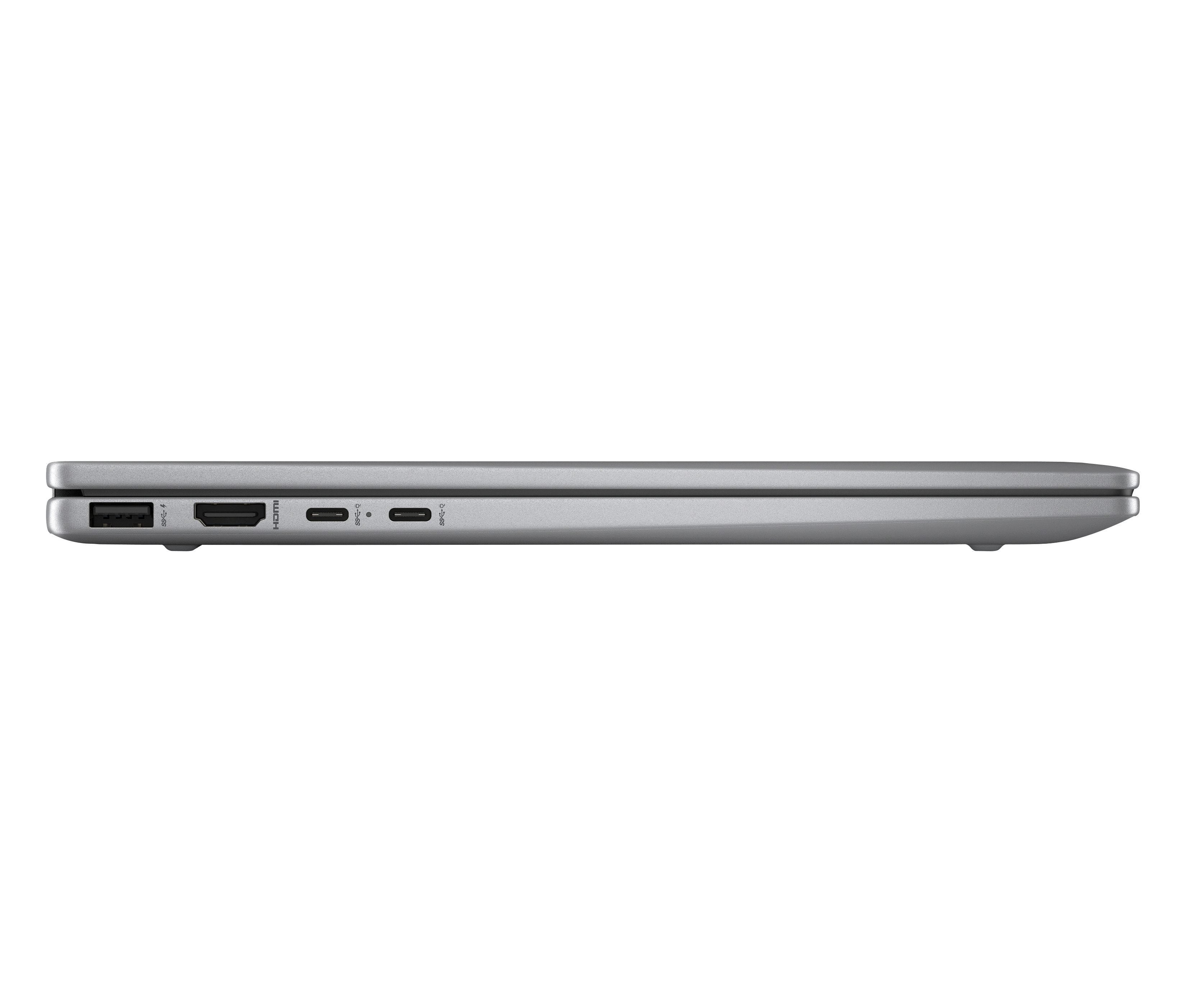 Srebrna krawędź laptopa z portami: USB-A, HDMI, USB-C.