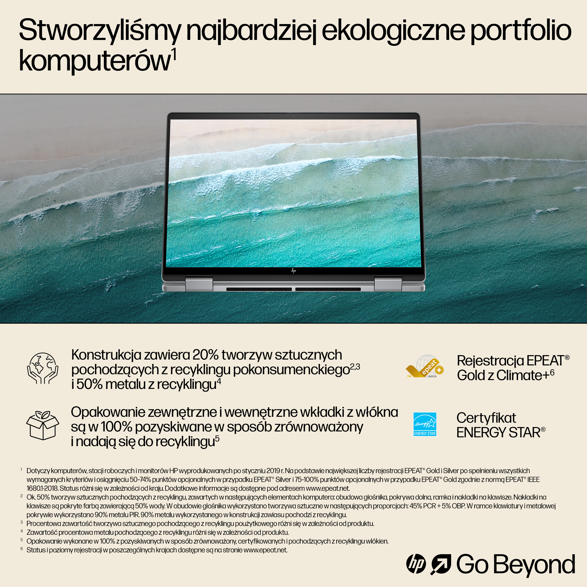 Laptop z obrazem plaży na ekranie, certyfikaty EPEAT Gold i Energy Star.