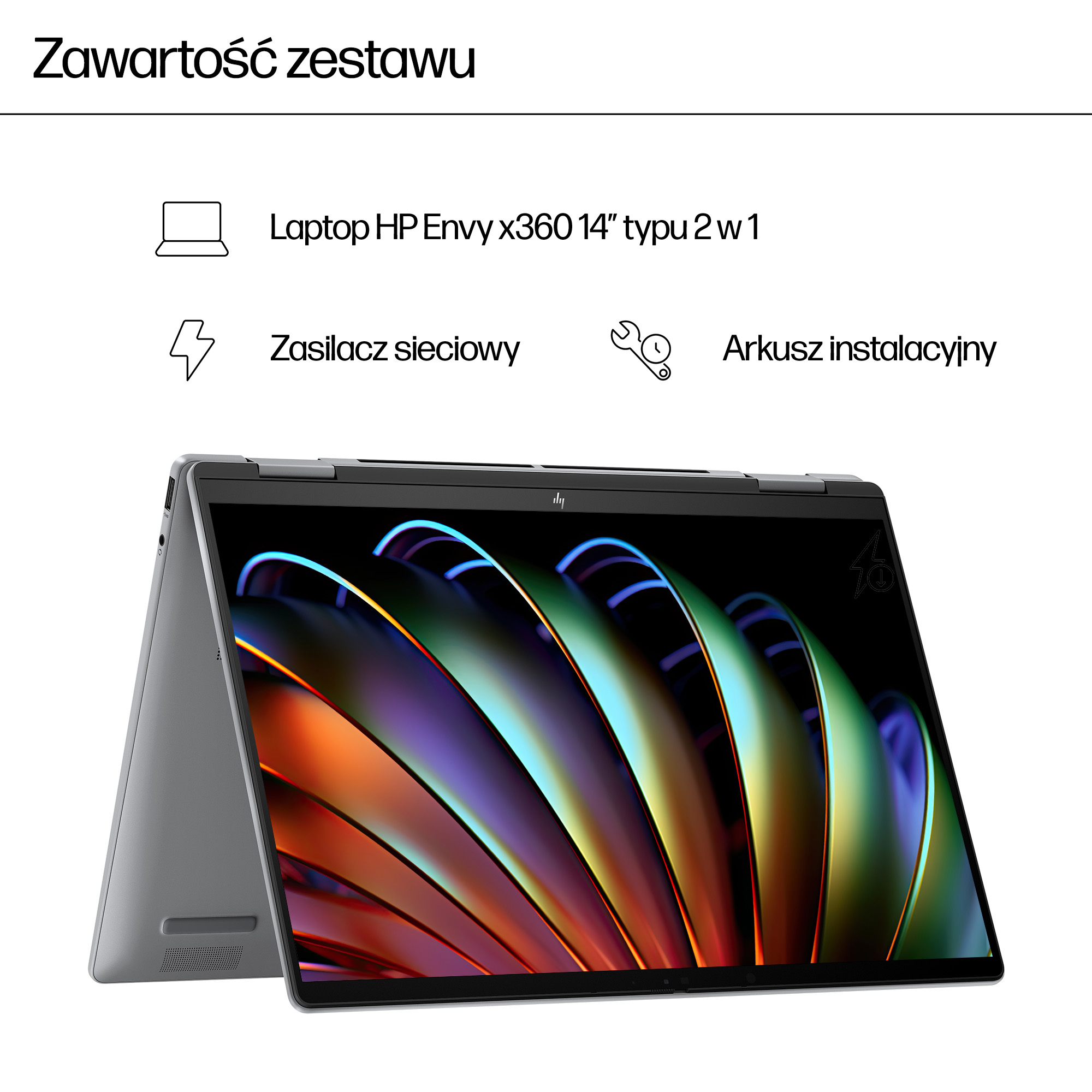 Srebrny laptop HP Envy x360 z kolorowym tłem.