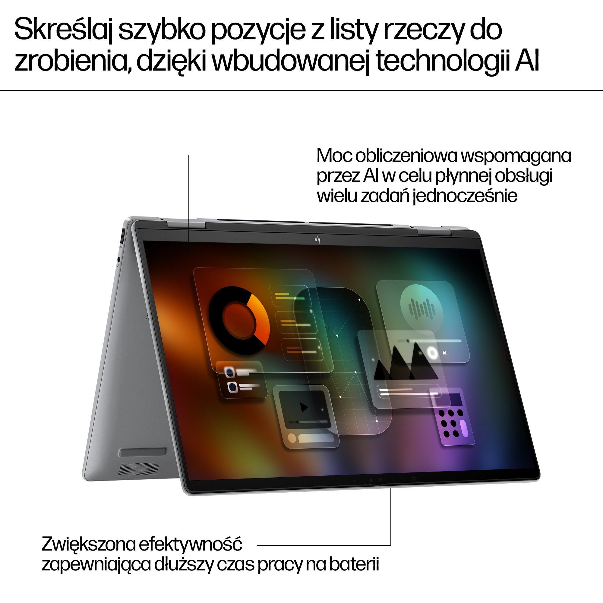 Laptop z funkcjami AI wyświetlający dane i aplikacje.