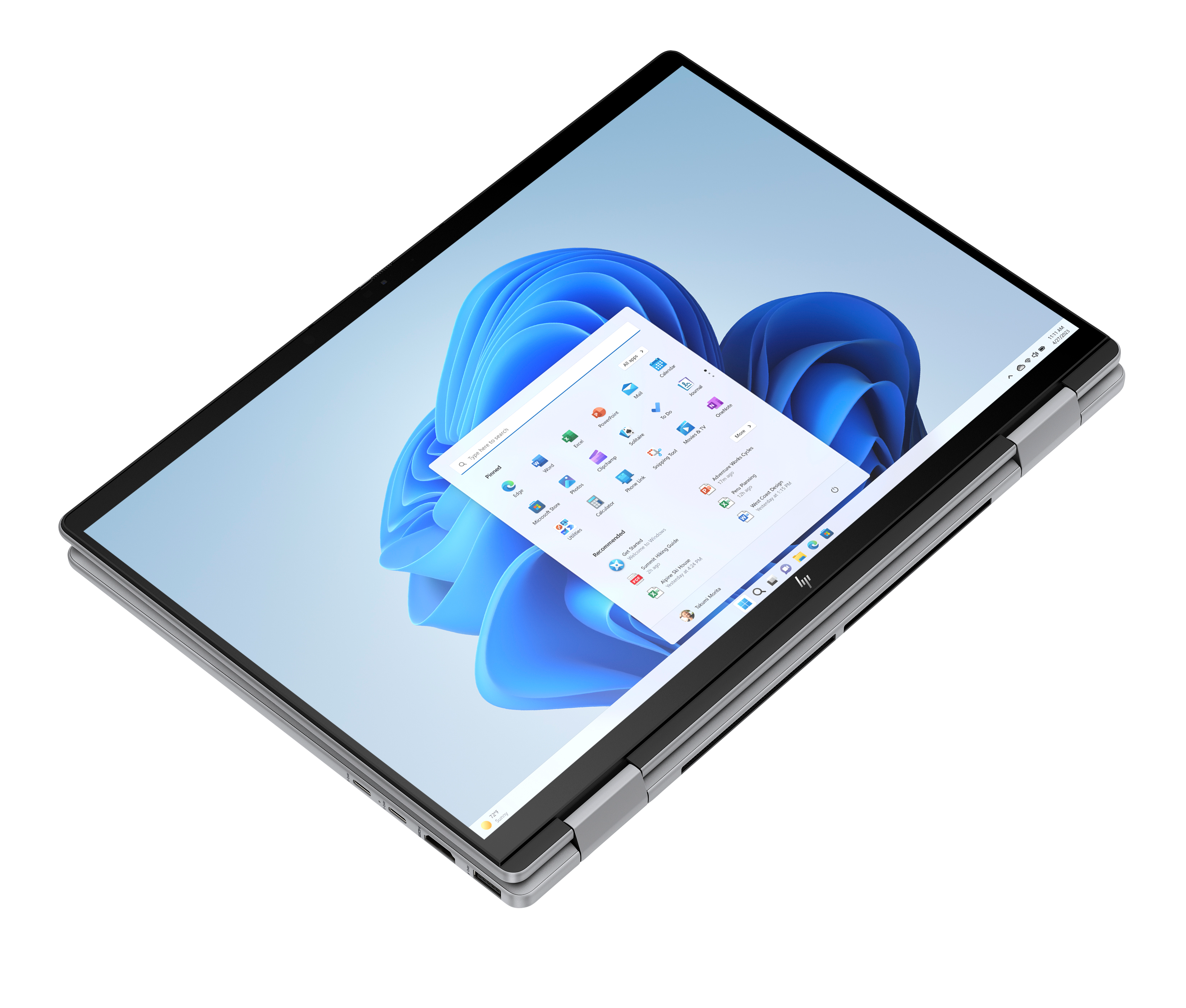 Laptop z systemem Windows 11, otwarte Menu Start pokazujące aplikacje takie jak Word, Excel, Edge.