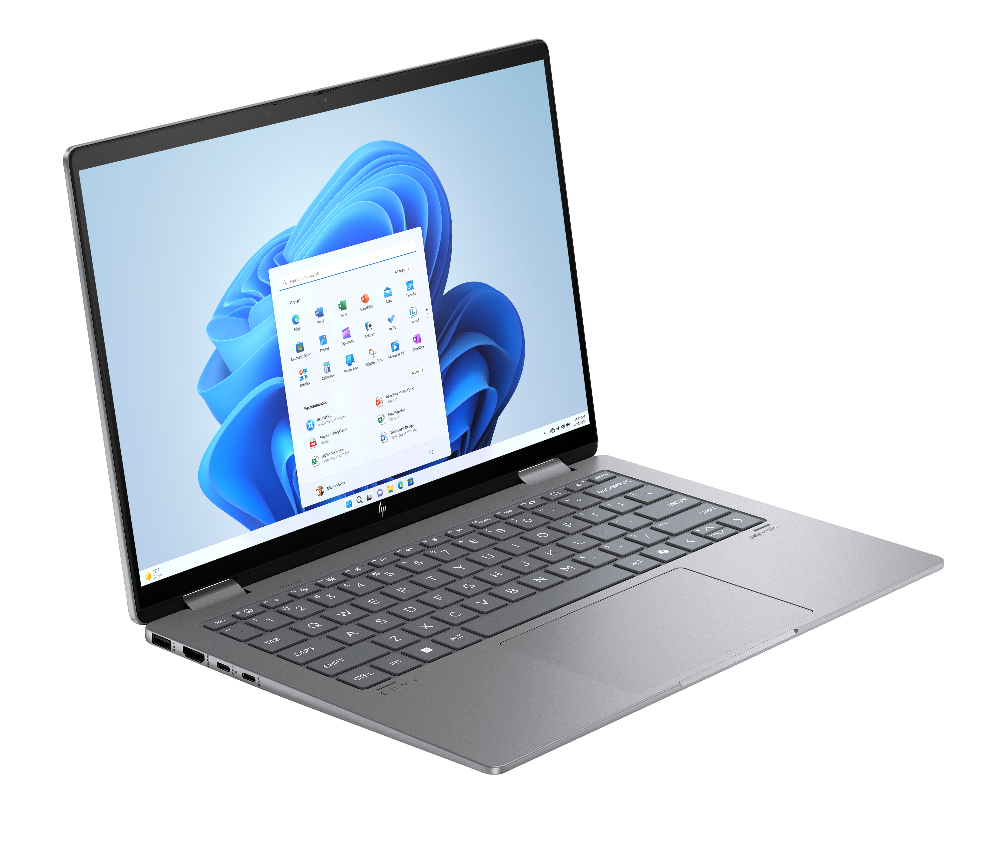 Srebrny laptop z otwartym ekranem, wyświetlający system Windows 11.