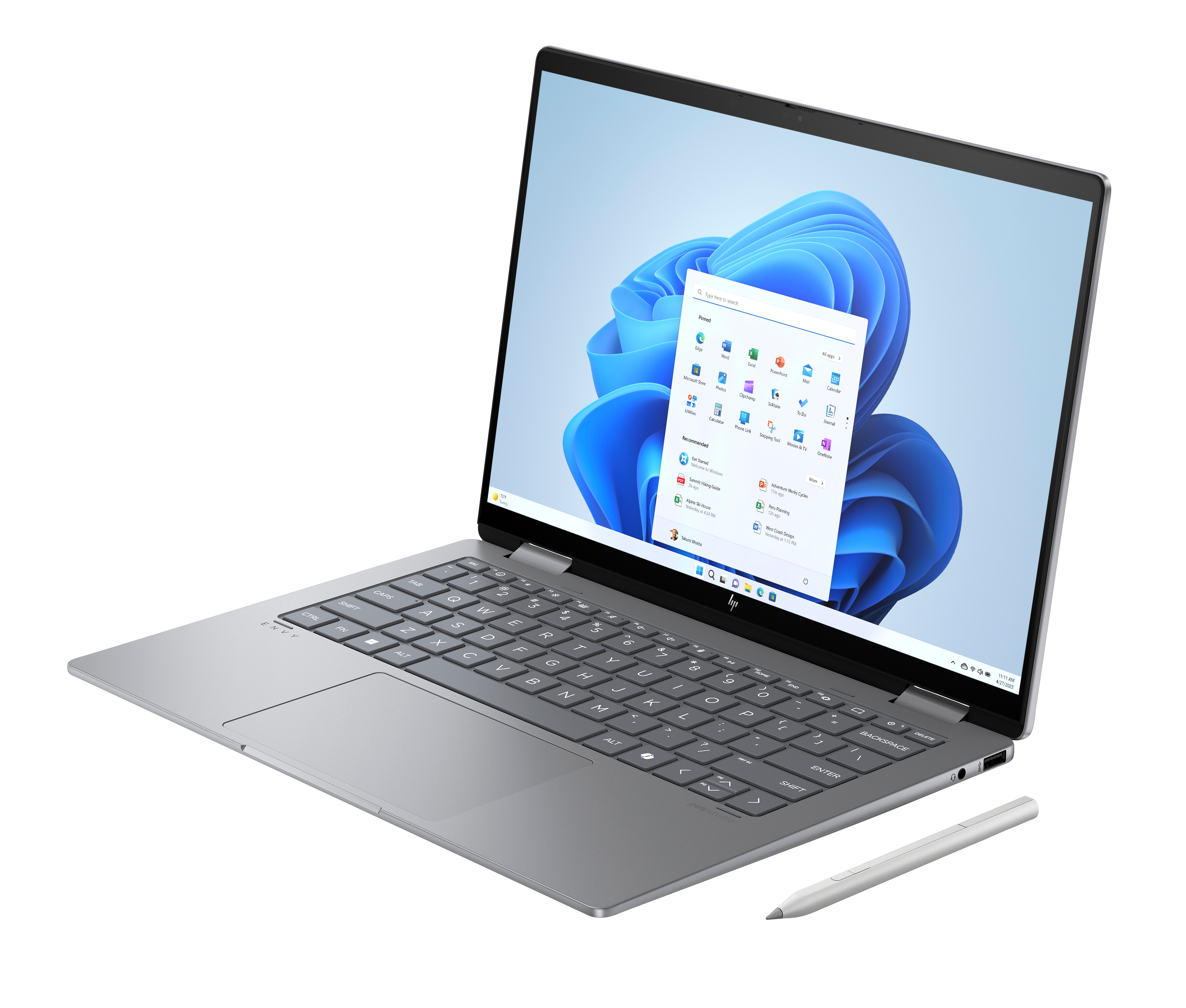 Srebrny laptop z systemem Windows 11 i rysikiem na czarnym tle.