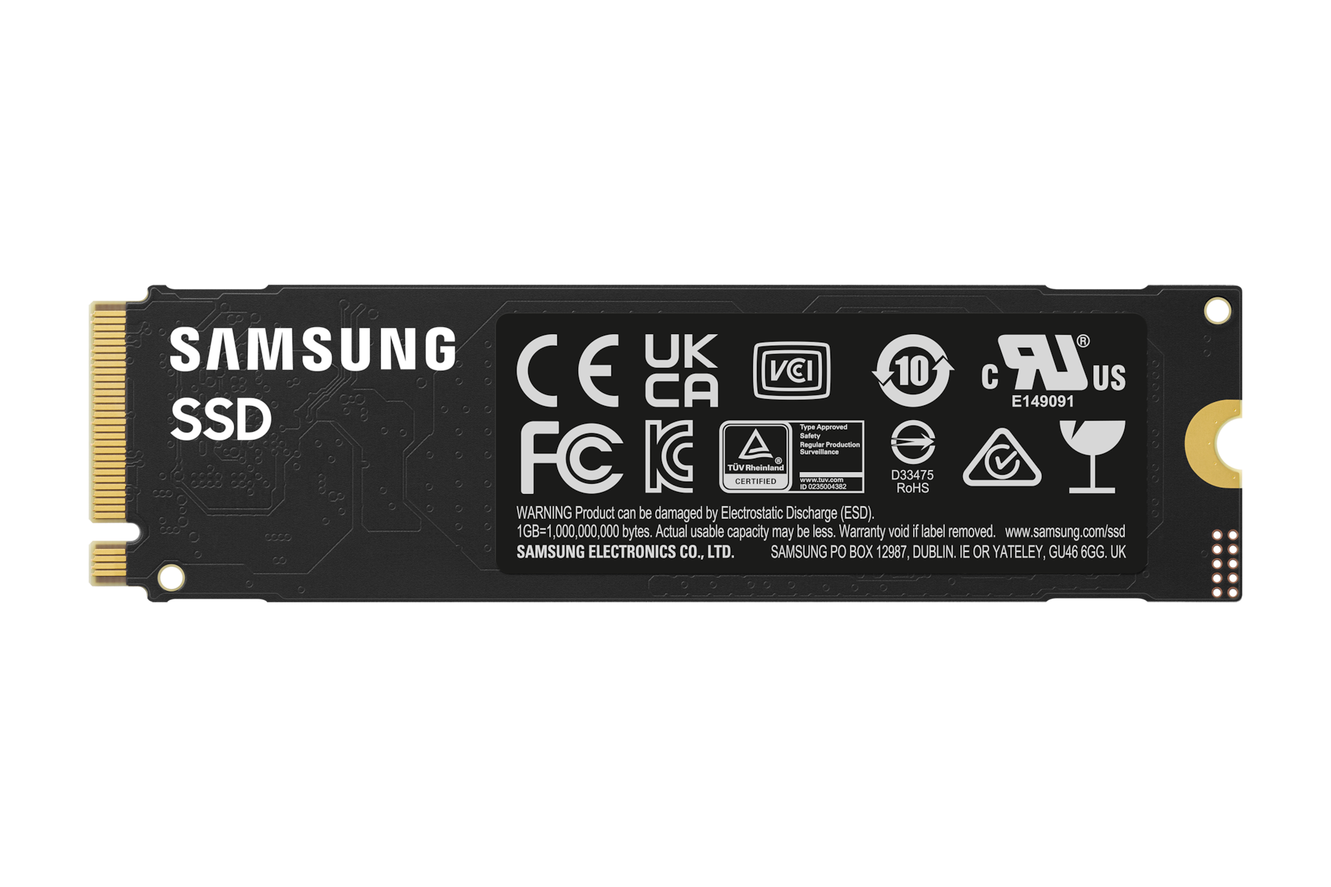 Dysk SSD Samsung z certyfikatami CE, UKCA, VCI, FCC, TÜV i etykietami ostrzegawczymi.