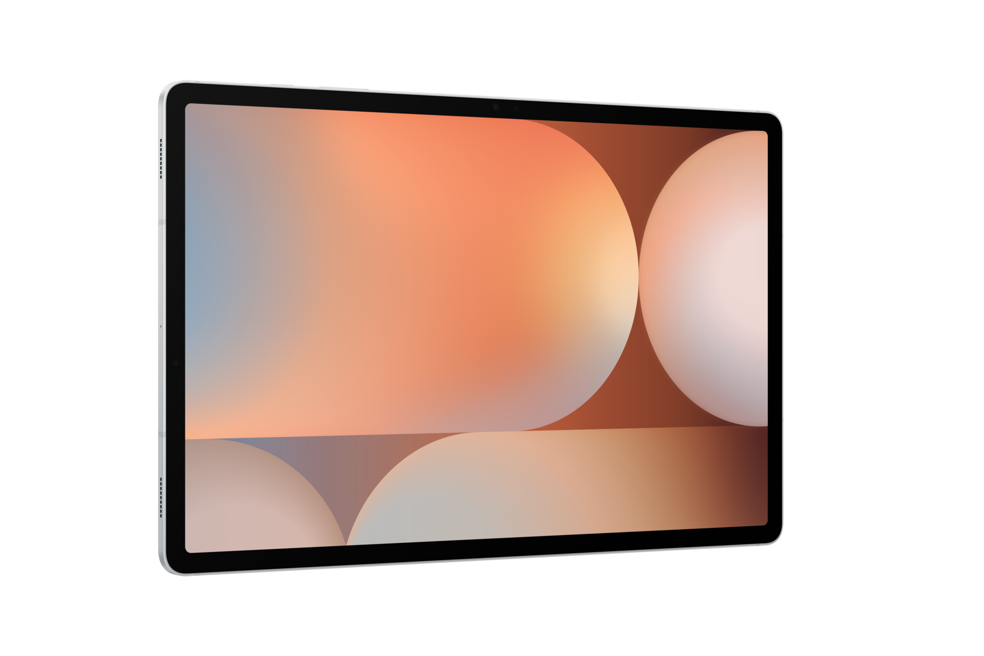 Srebrny tablet z abstrakcyjnym tłem pomarańczowych i szarych kół.
