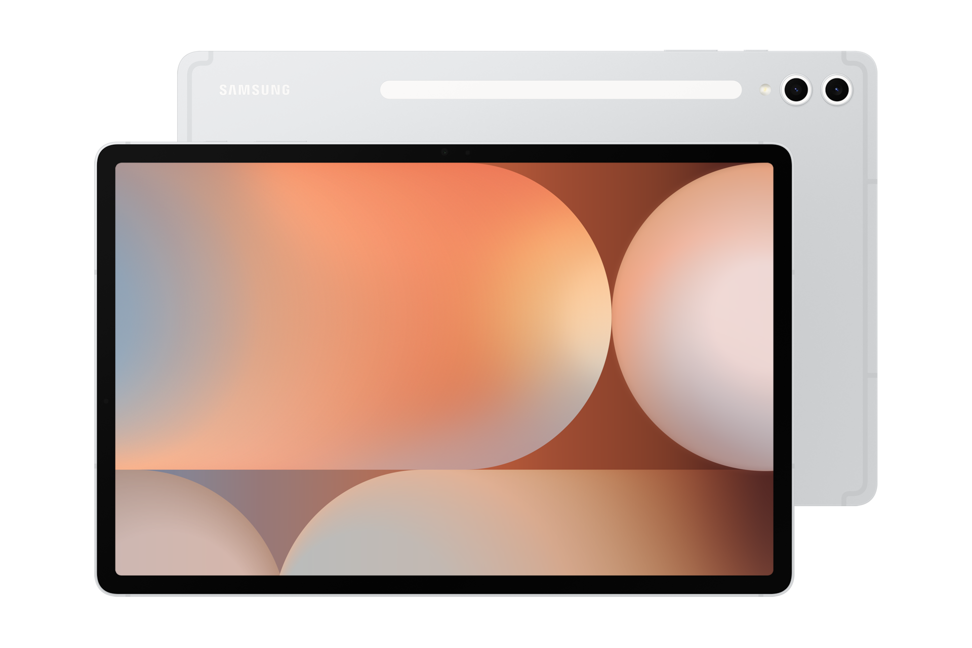 Srebrny tablet Samsung z podwójnym aparatem z tyłu, wyświetlający tapetę z gradientem.