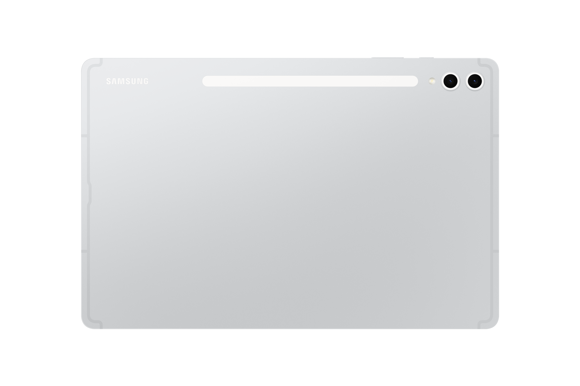 Tył srebrnego tabletu z logo Samsung i dwoma aparatami w prawym górnym rogu.