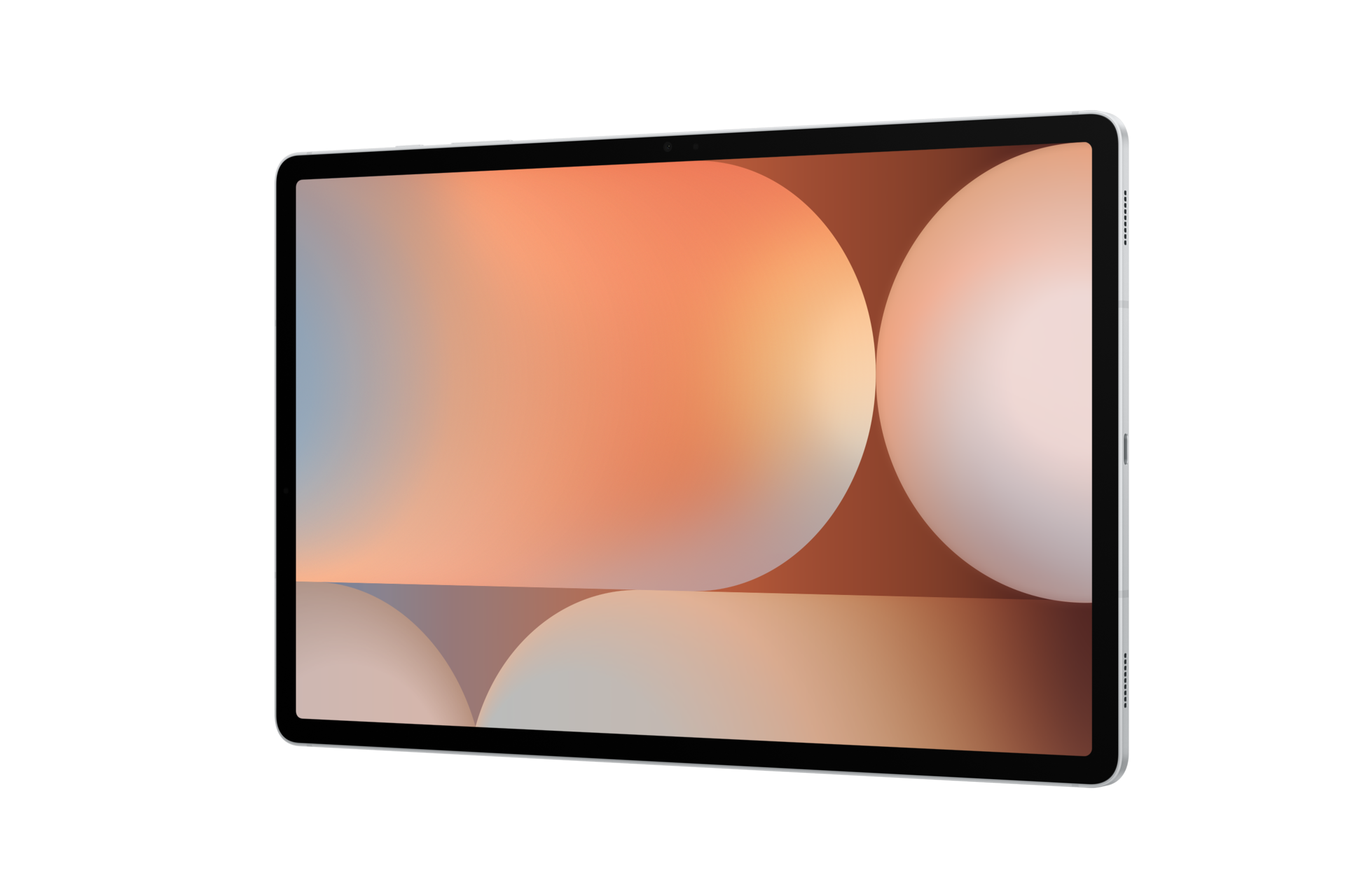Srebrny tablet z abstrakcyjnym pomarańczowo-niebieskim tłem gradientowym.