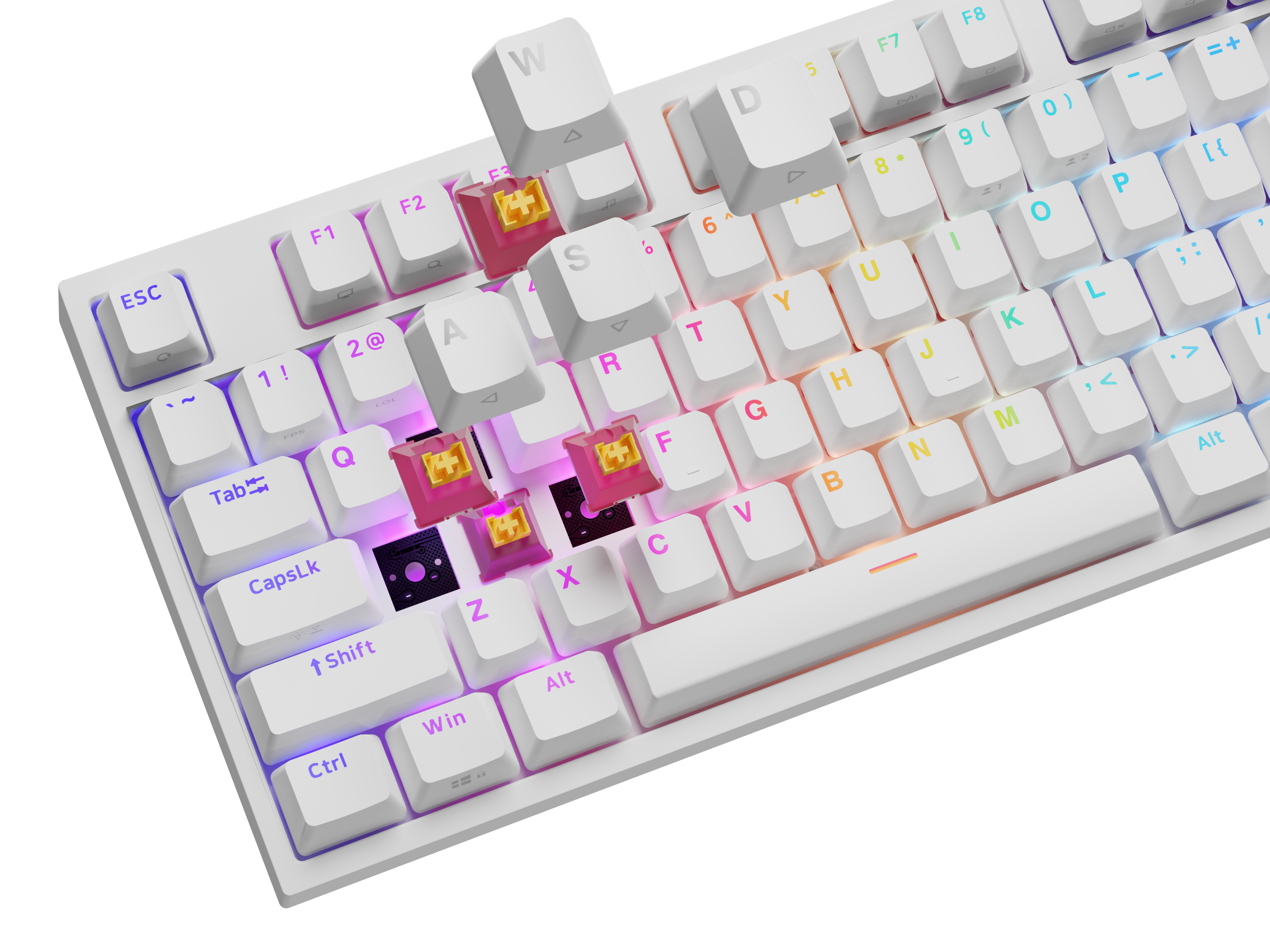 Biała klawiatura z kolorowymi nakładkami i oświetleniem RGB.