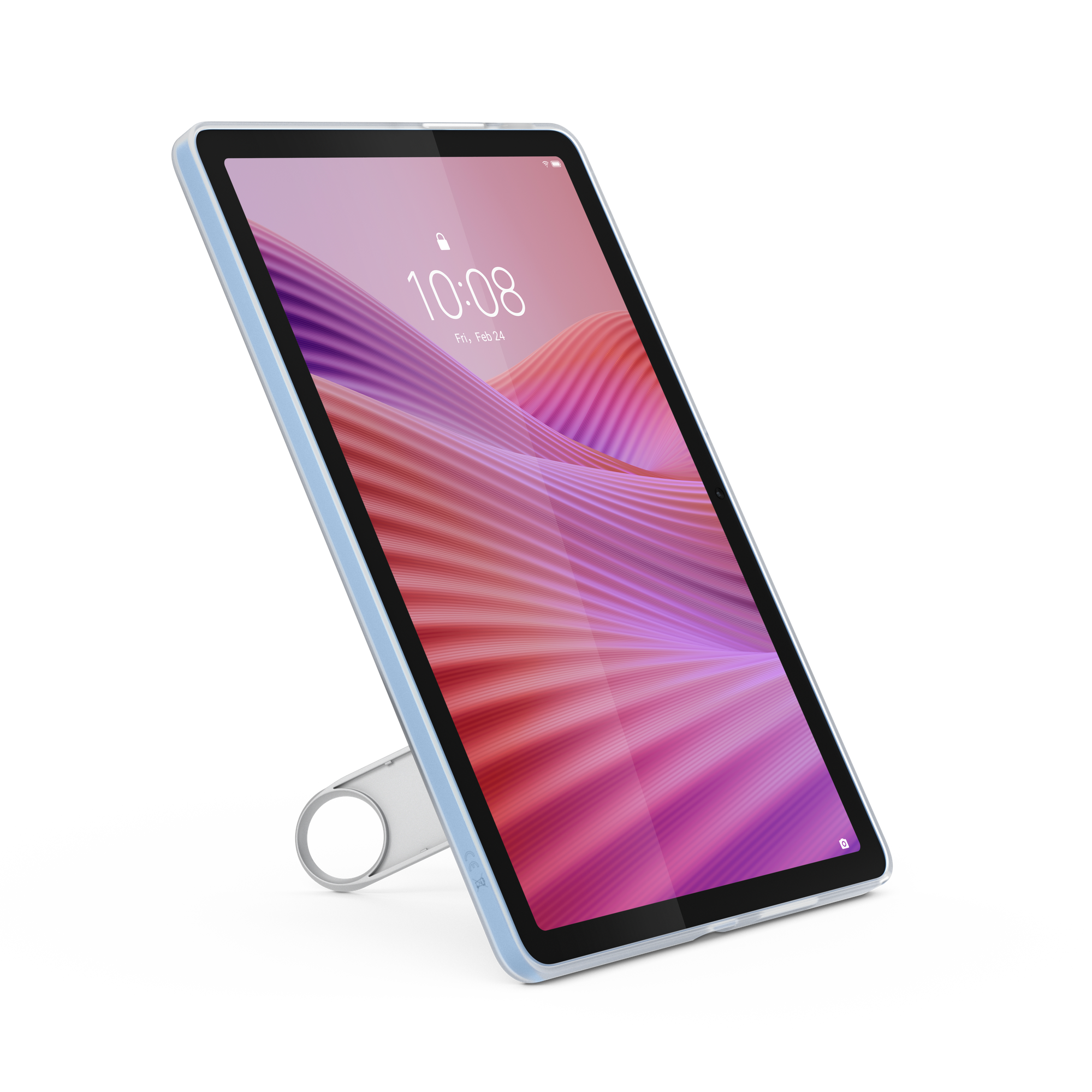 Jasnoniebieski tablet ze stojakiem, na czarnym tle.