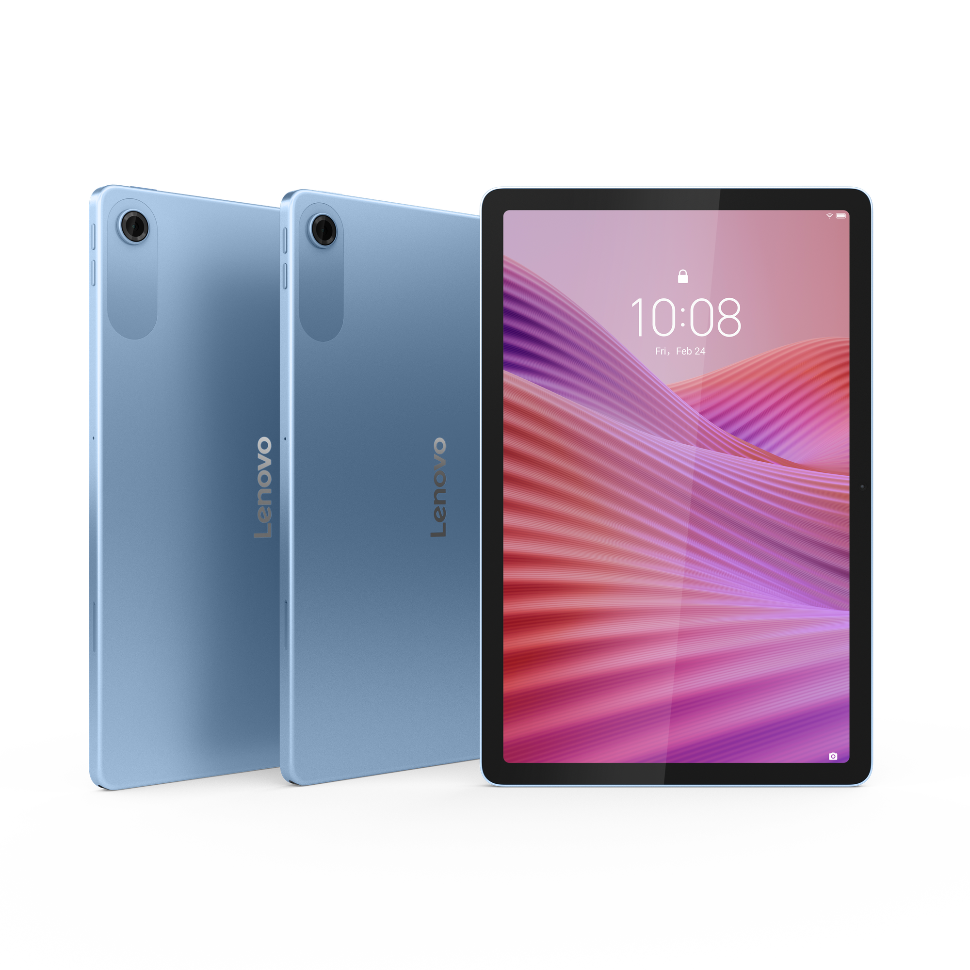 Dwa niebieskie tablety Lenovo na czarnym tle.