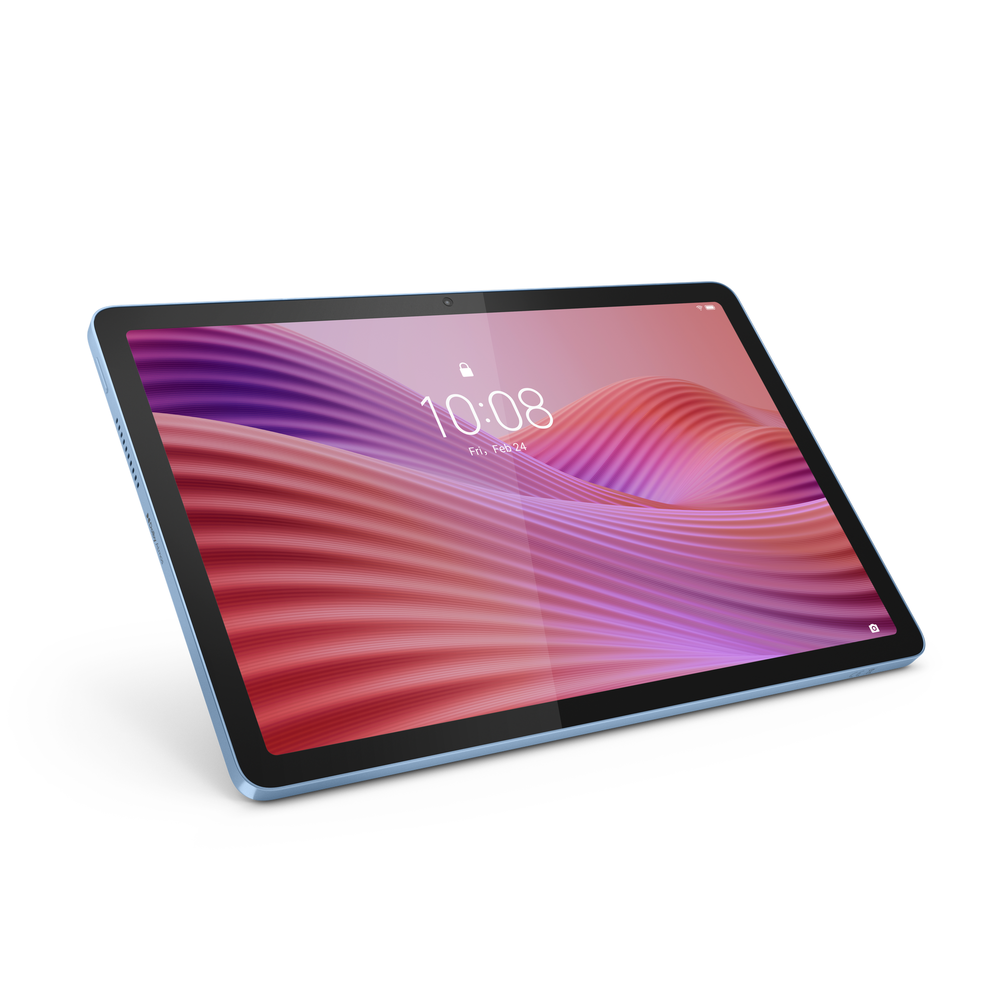 Niebieski tablet z kolorową tapetą. Godzina 10:08.