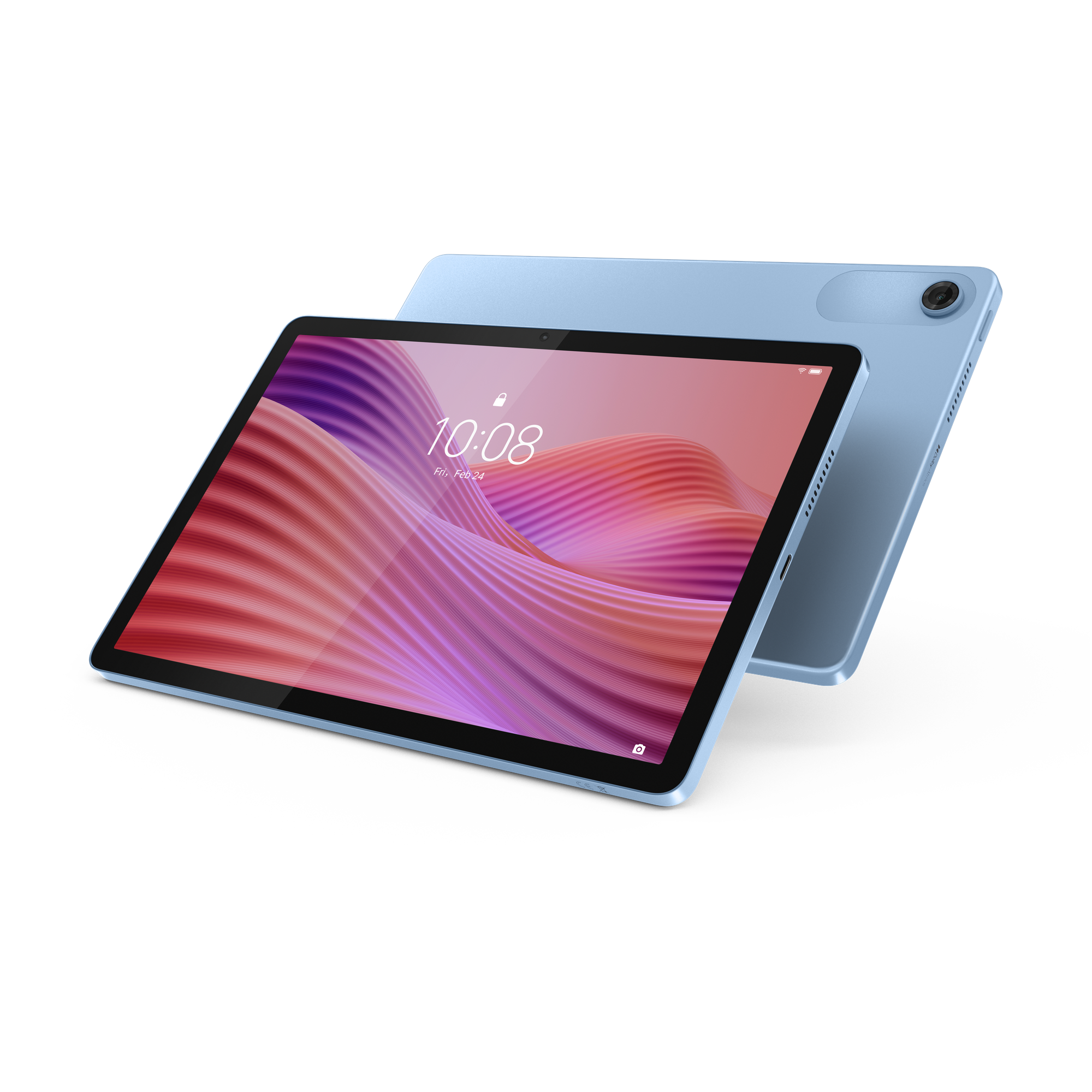 Niebieski tablet wyświetla falujący różowy obraz tła. Jest 10:08.