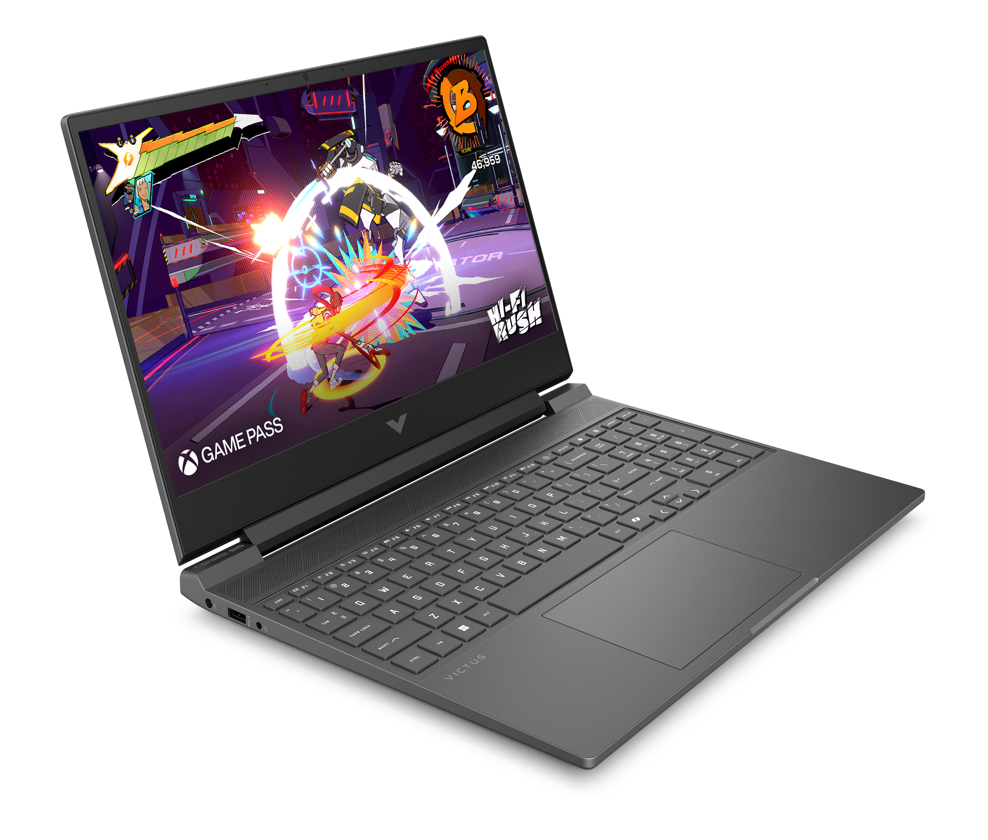 Laptop wyświetla grę Hi-Fi Rush z Xbox Game Pass.