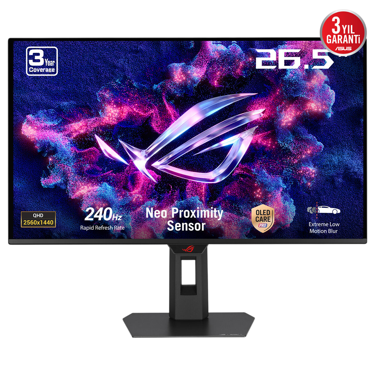240Hz, QHD çözünürlüklü 26,5 inç monitör ve ROG logosu.