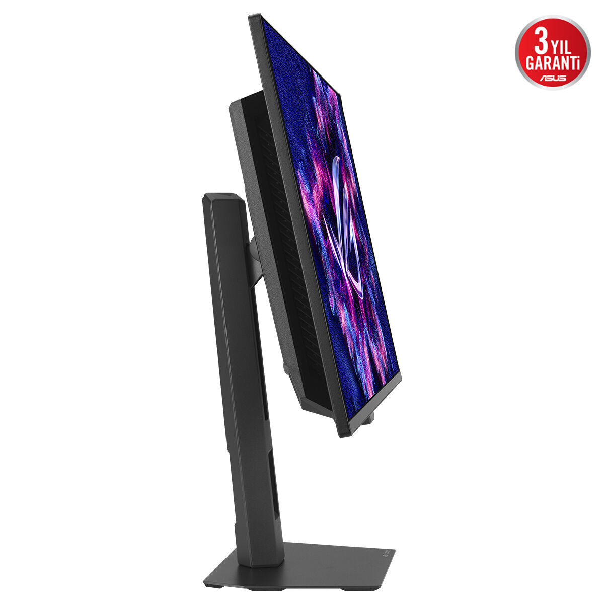 ASUS 3 yıl garantili siyah monitör stant üzerinde.