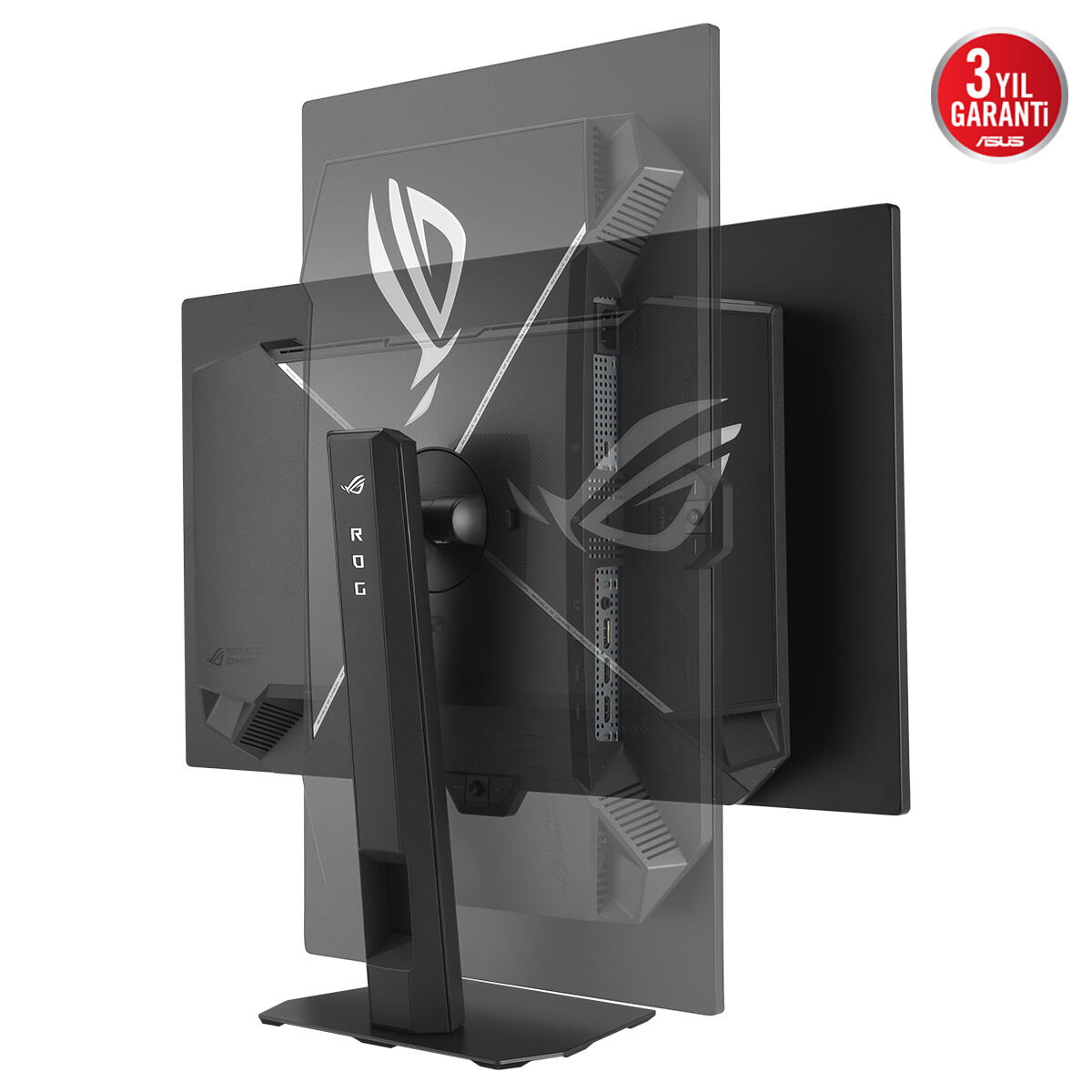 ROG logolu ve garanti etiketli siyah monitörün arkası.