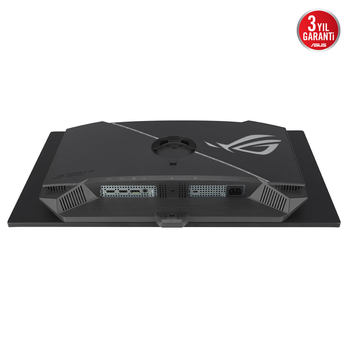 Portları ve ROG logosunu gösteren siyah monitörün arkası.