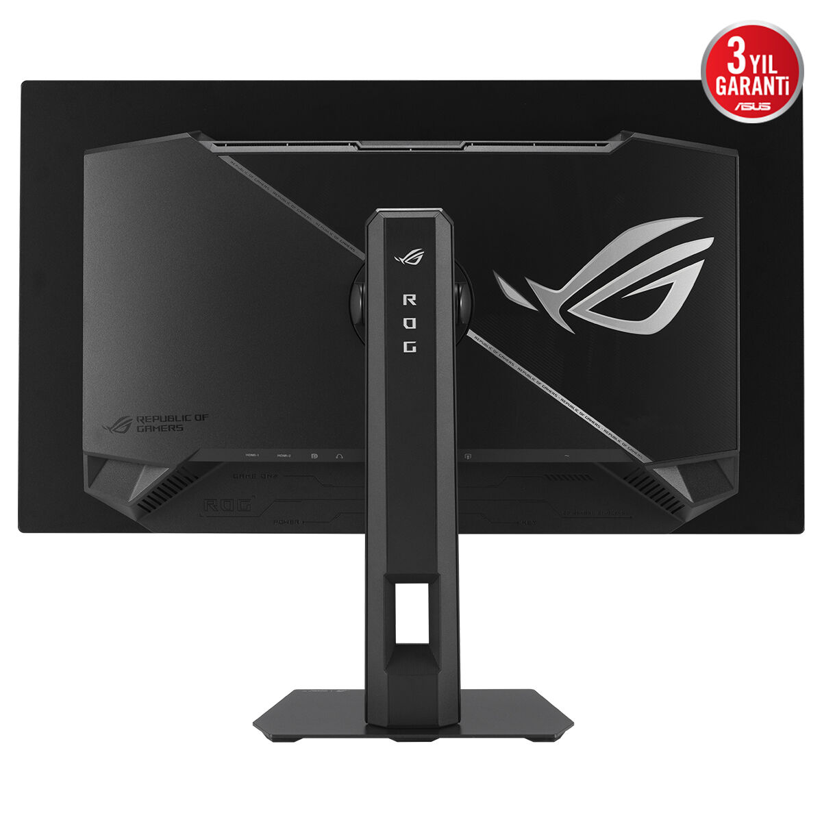 ROG logolu ve stantlı siyah oyuncu monitörünün arka görünümü.