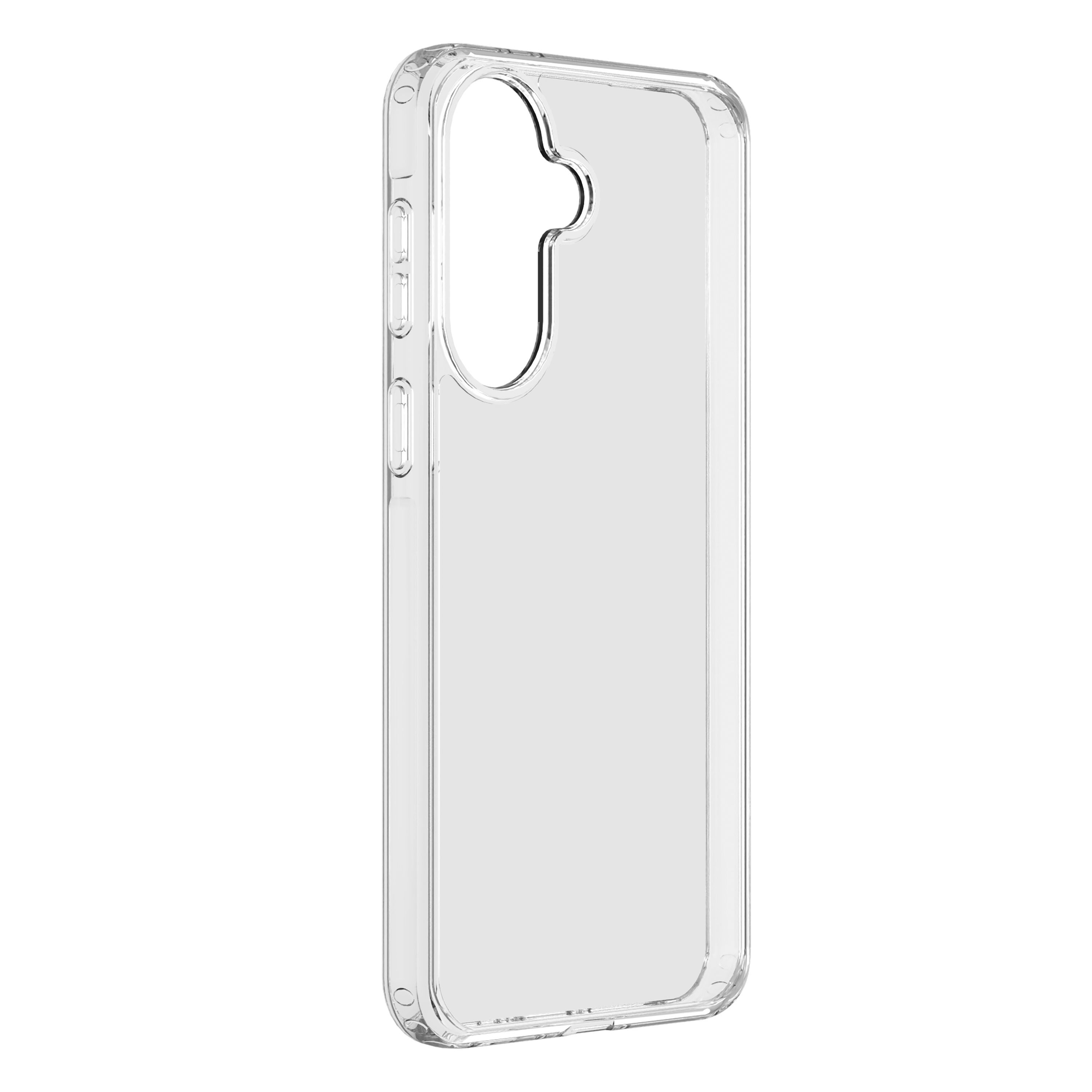 Düğmeler ve kamera için kesikleri olan şeffaf telefon kılıfı.