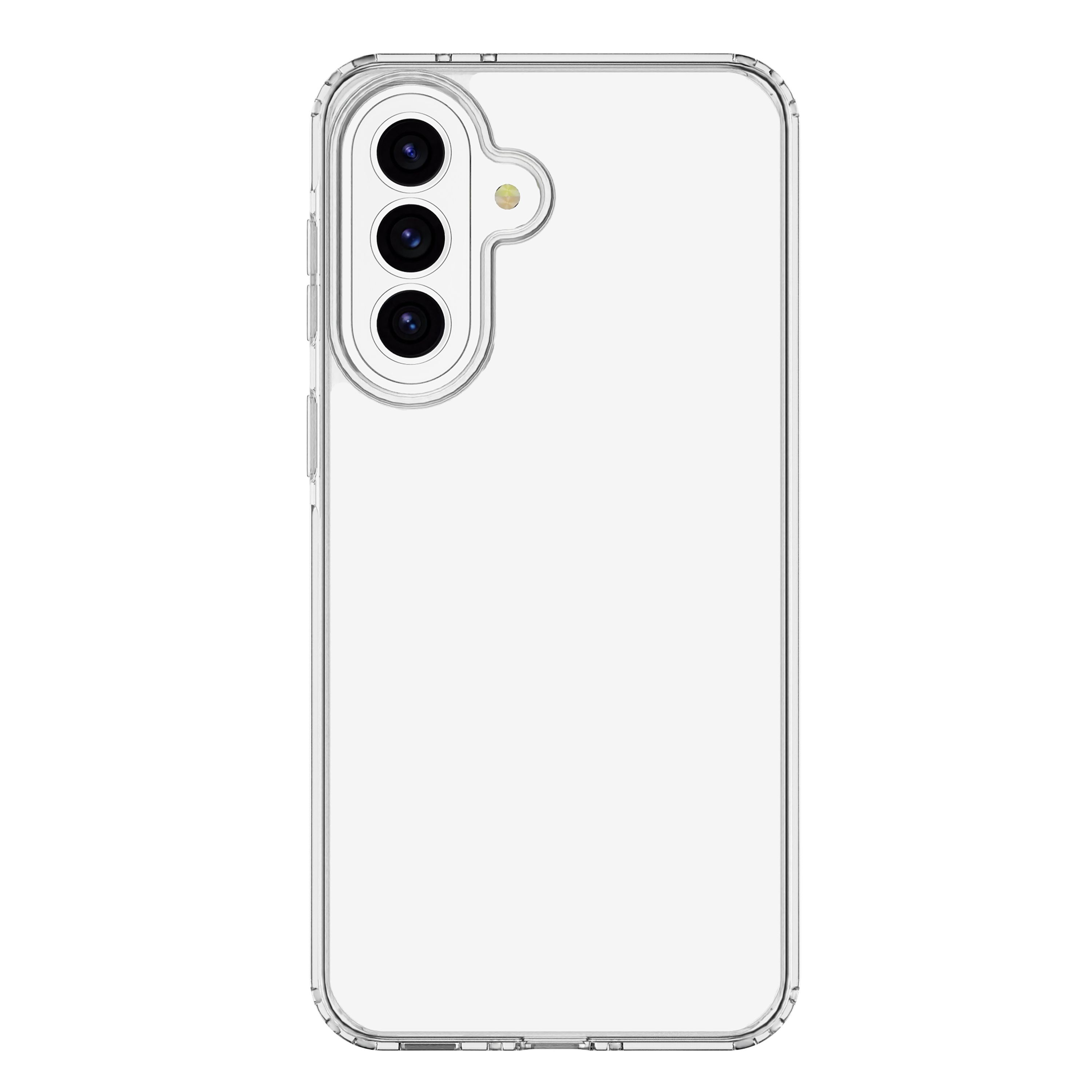 Arkada üç kamera lensi ve flaşı olan şeffaf telefon kılıfı.