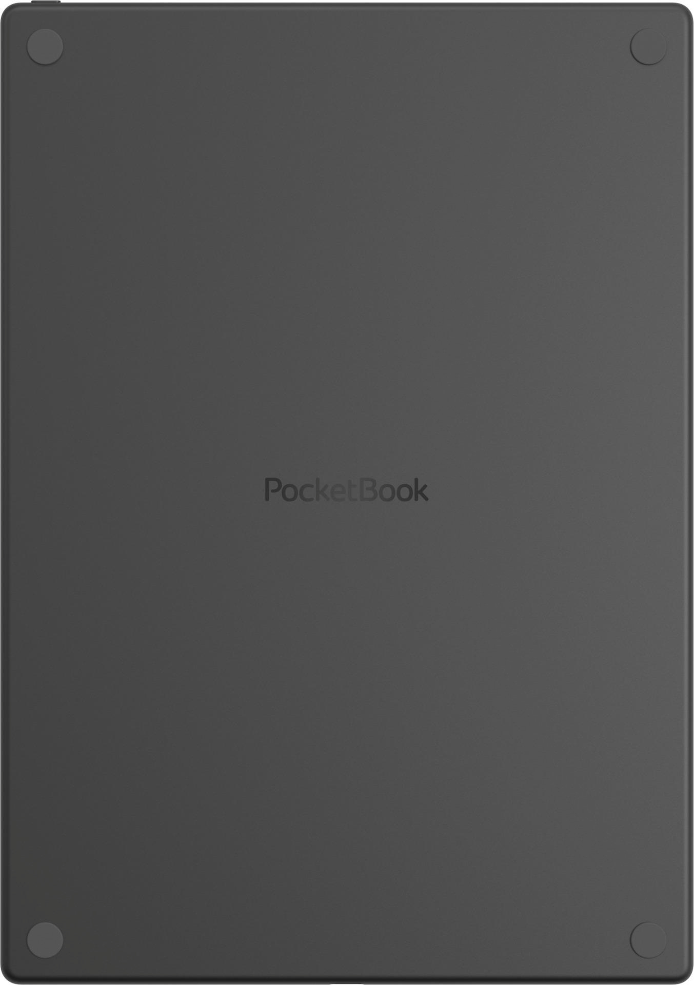 Rückseite eines grauen E-Readers mit "PocketBook"-Logo in der Mitte.
