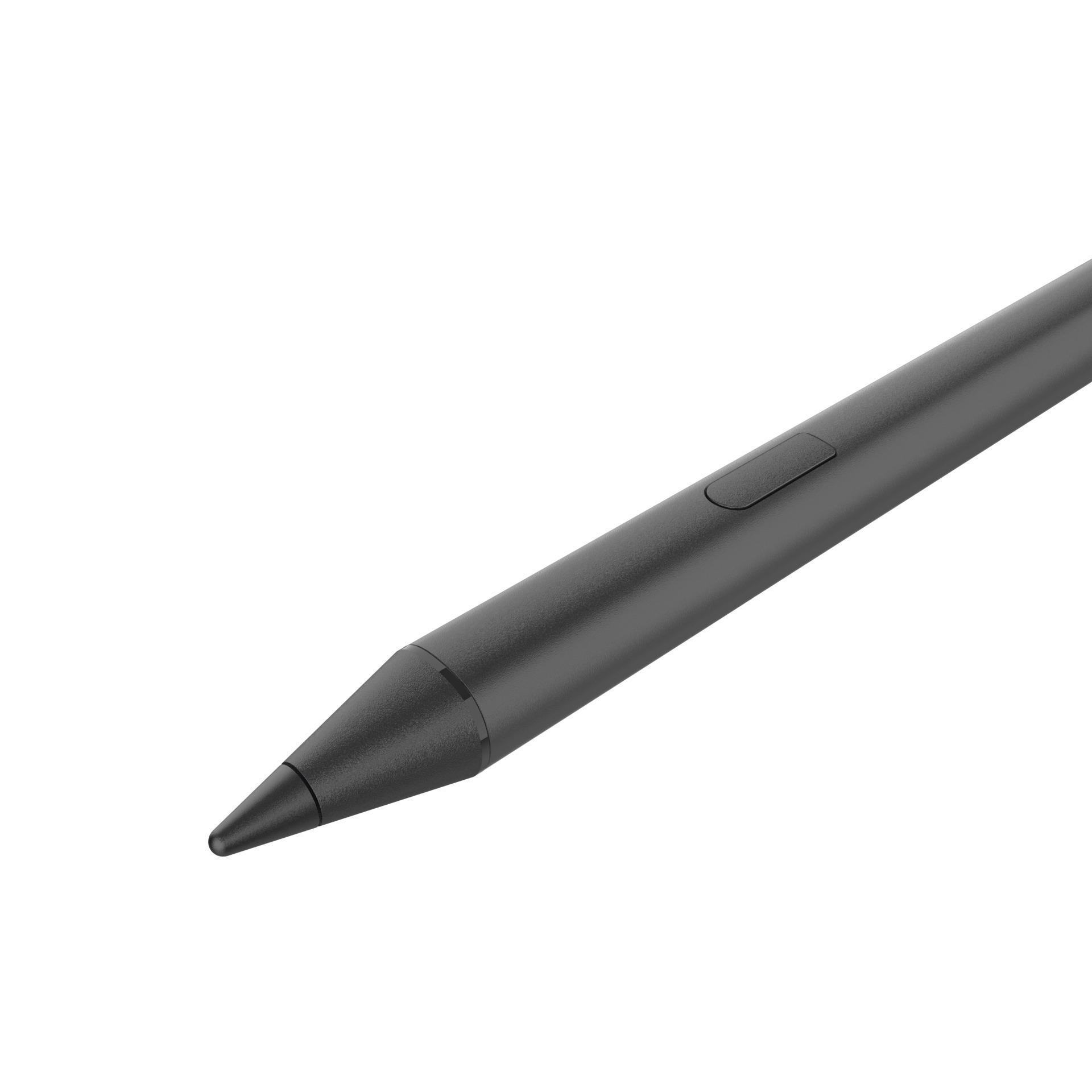 Grauer Eingabestift mit spitzer Spitze und seitlicher Taste, auf weißem Hintergrund.