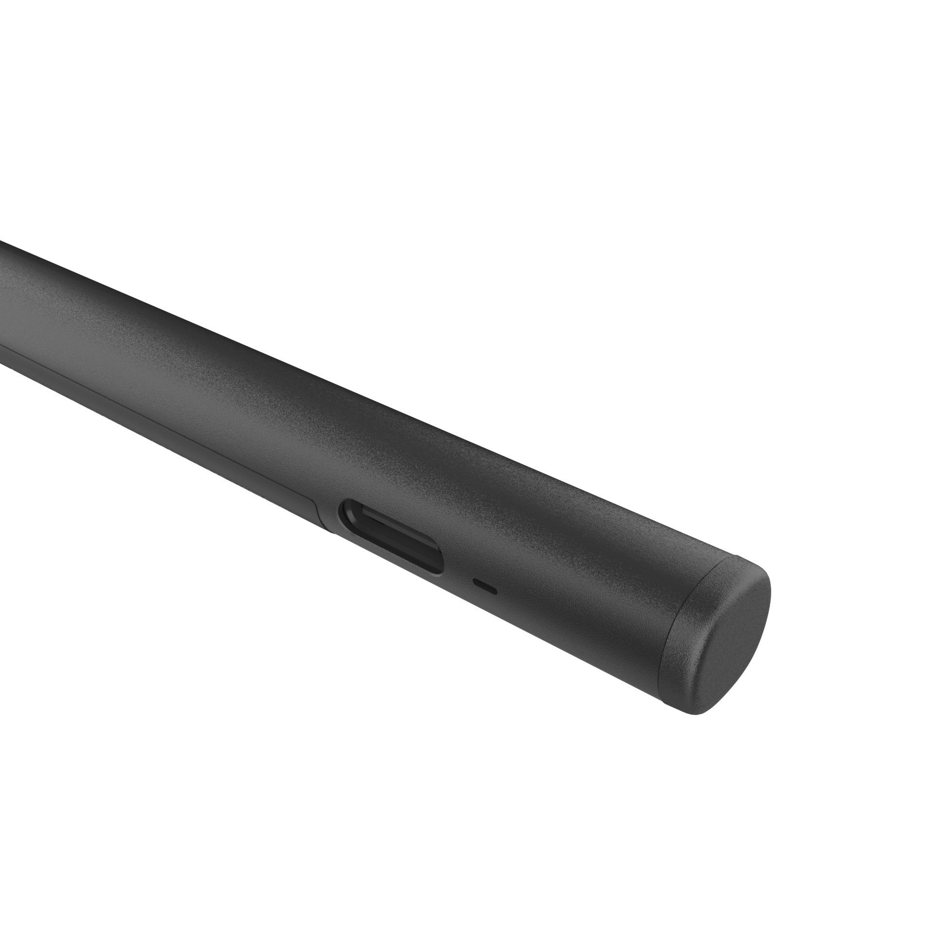 Ein schwarzer Stift liegt auf weißem Hintergrund. Er hat eine Aussparung und eine Kappe.