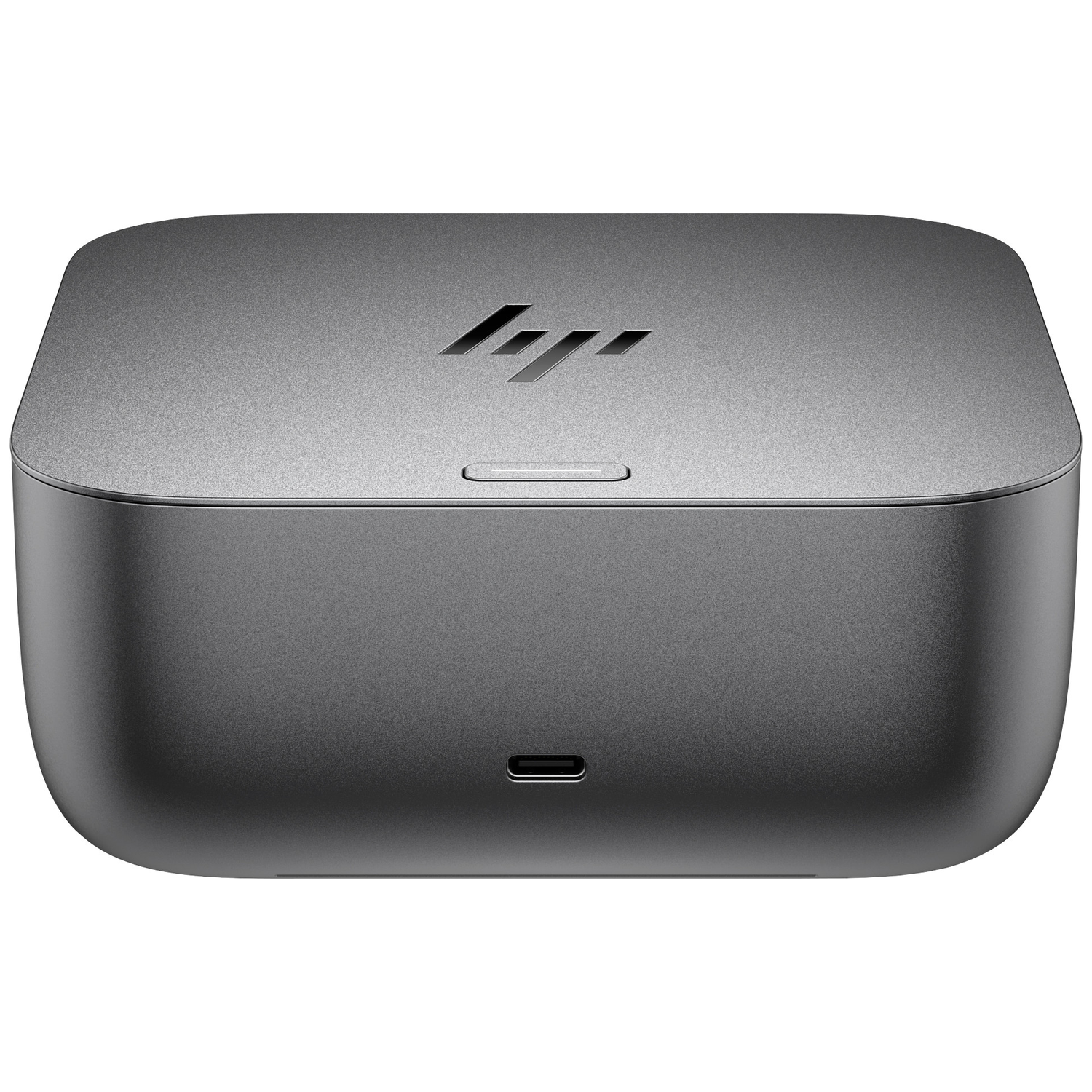 Een grijze HP docking station met HP logo en USB-C poort.