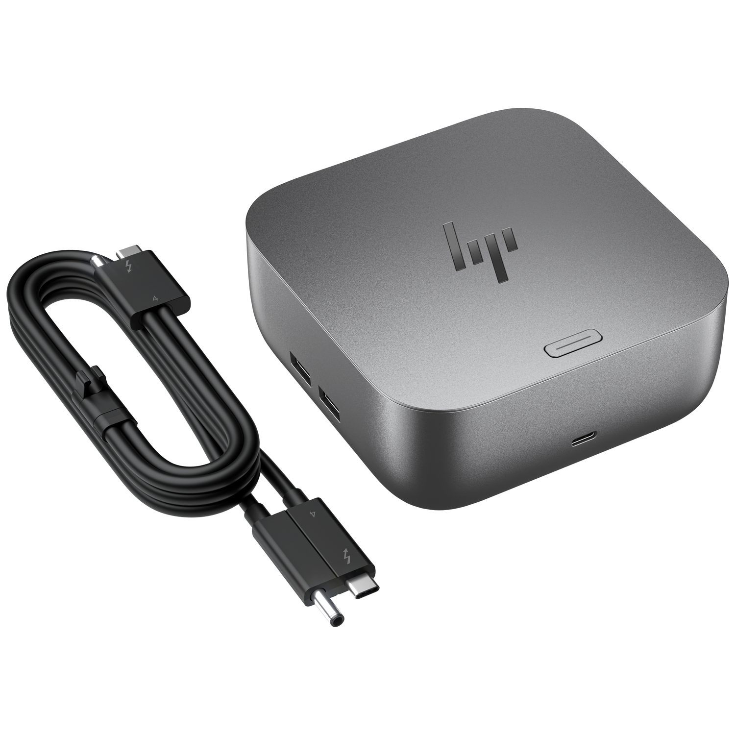 Grijze HP docking station met kabel en poorten.