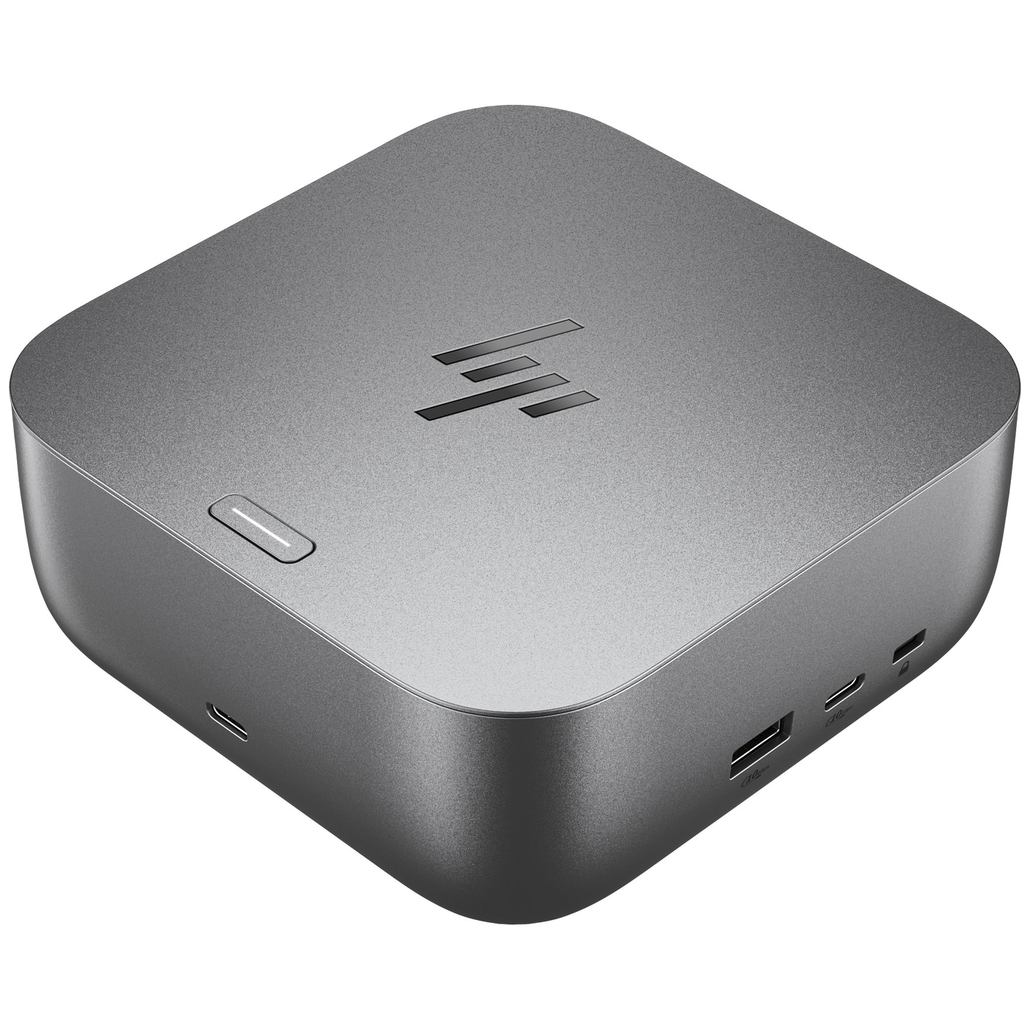 Een grijs, vierkant elektronisch apparaat met poorten aan de zijkant en het HP-logo.