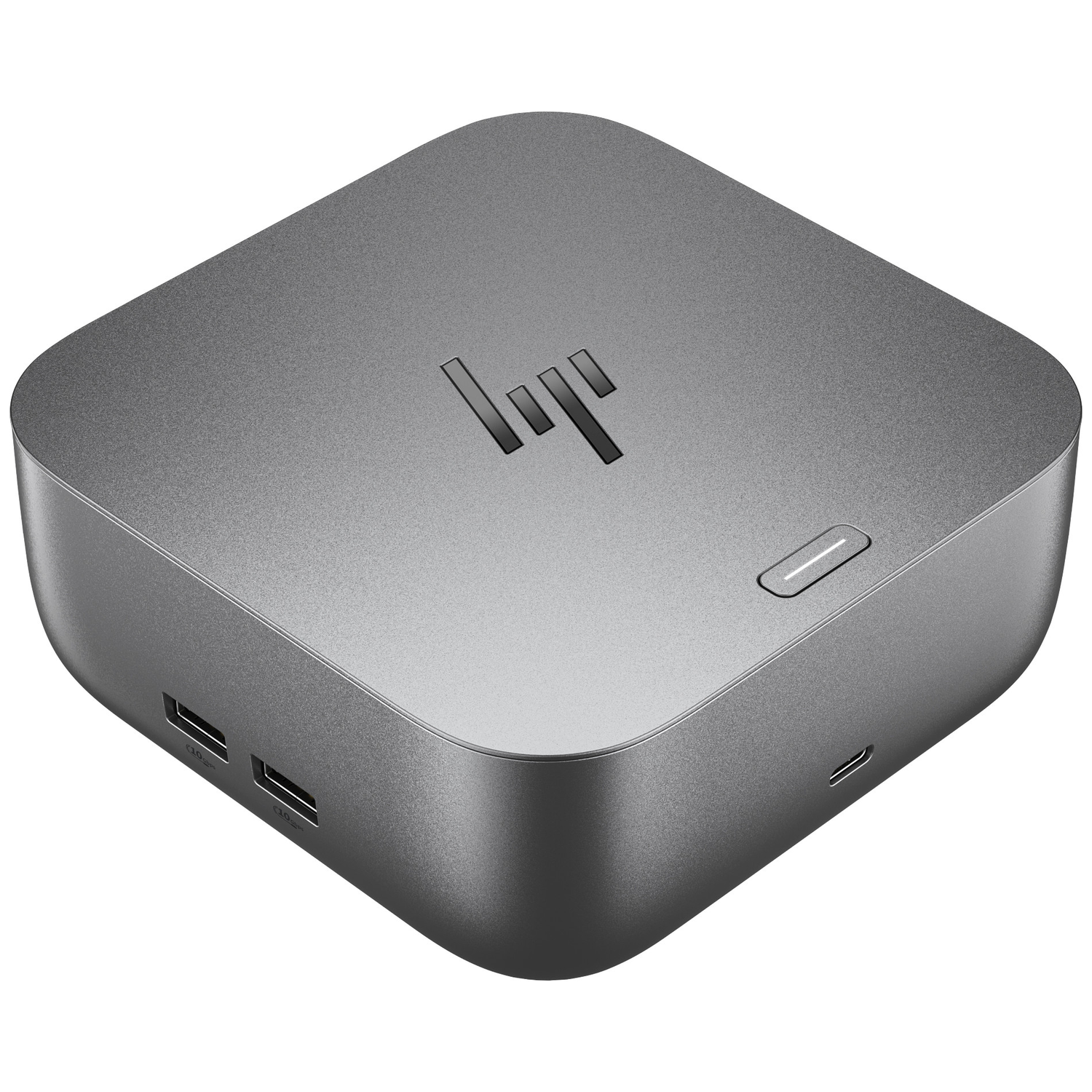 Grijze kubus met HP-logo, USB-poorten en een kleine oplaadpoort.
