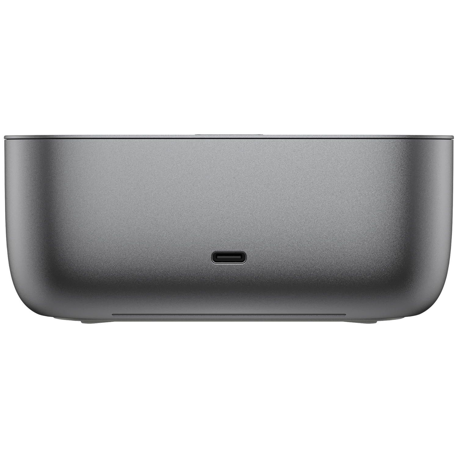 Grijs rechthoekig apparaat met een USB-C poort aan de voorzijde.