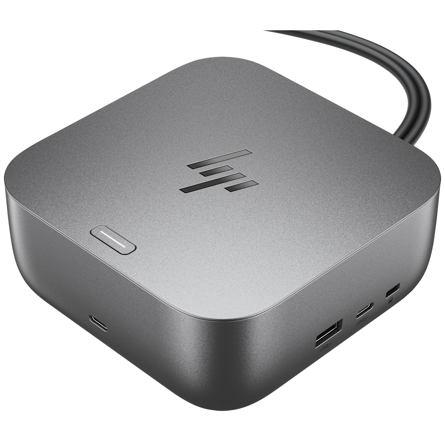 Grijze HP USB-C docking station met logo en kabels.