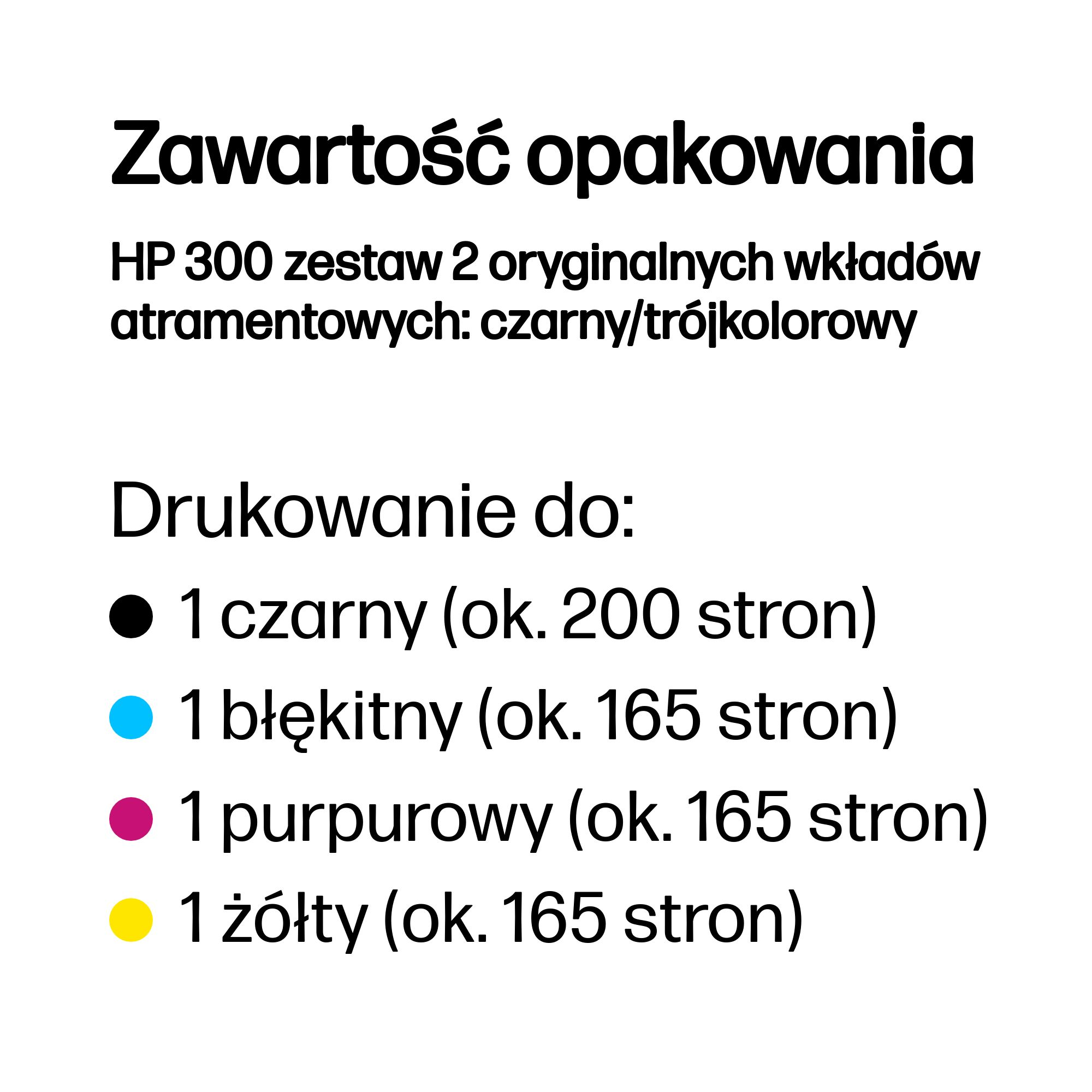 Zawartość opakowania: 2 wkłady HP 300 (czarny/kolorowy) na ok. 200/165 stron.