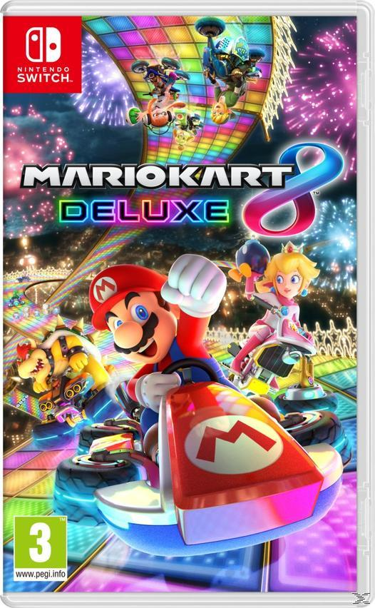 Mario i Księżniczka Peach ścigają się gokartami wśród fajerwerków, z napisem "Mario Kart Deluxe".