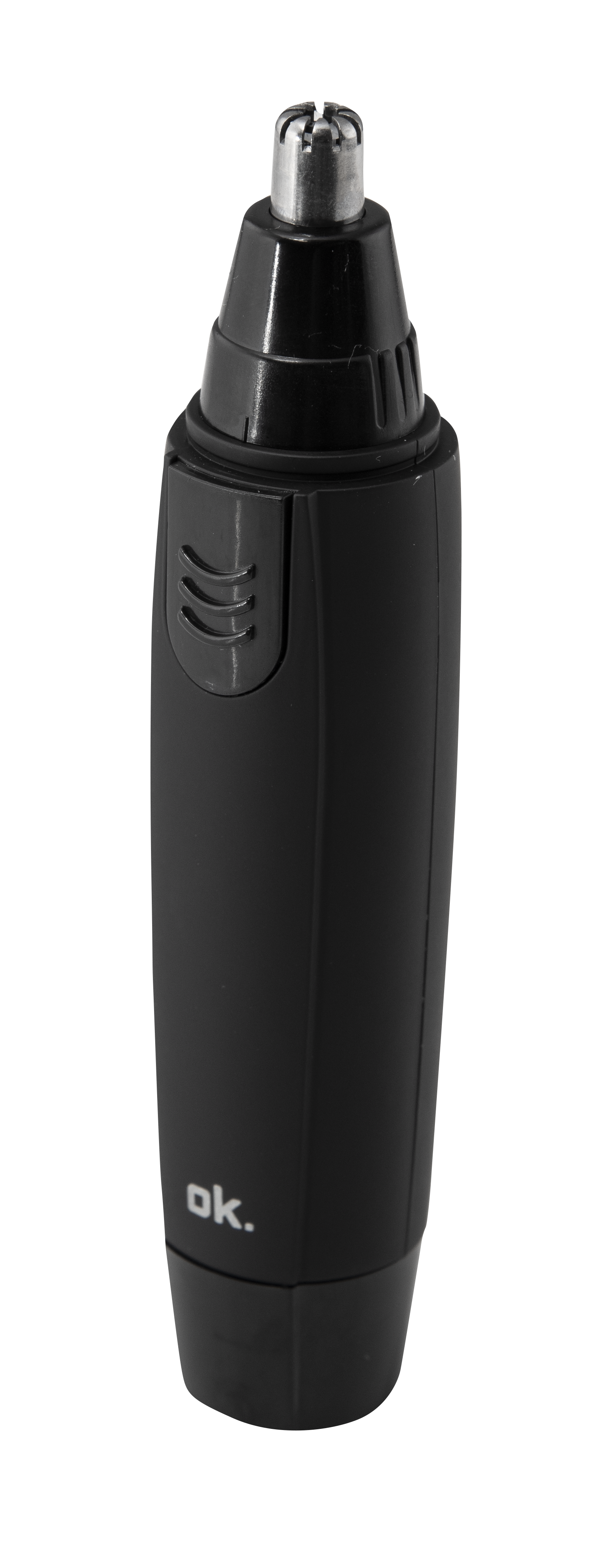 Czarny trymer do włosów w nosie z srebrną końcówką na czarnym tle.