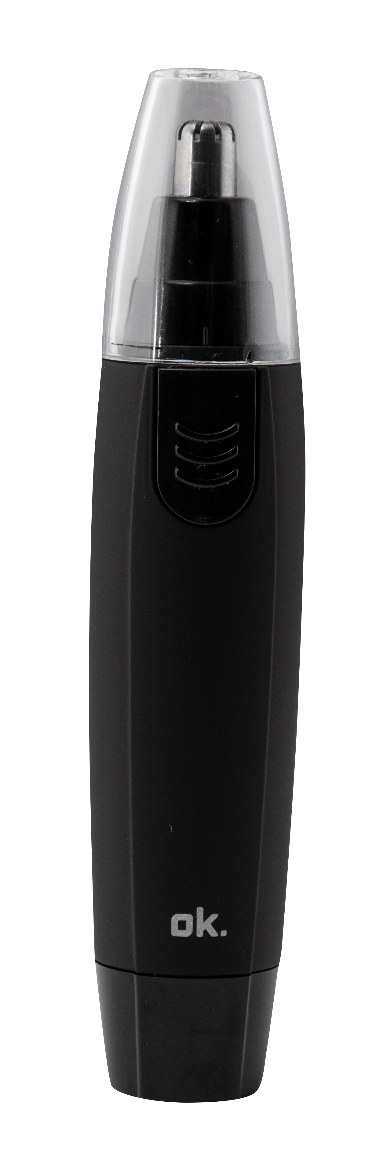 Czarny trymer do nosa z przezroczystą nasadką i srebrną końcówką.