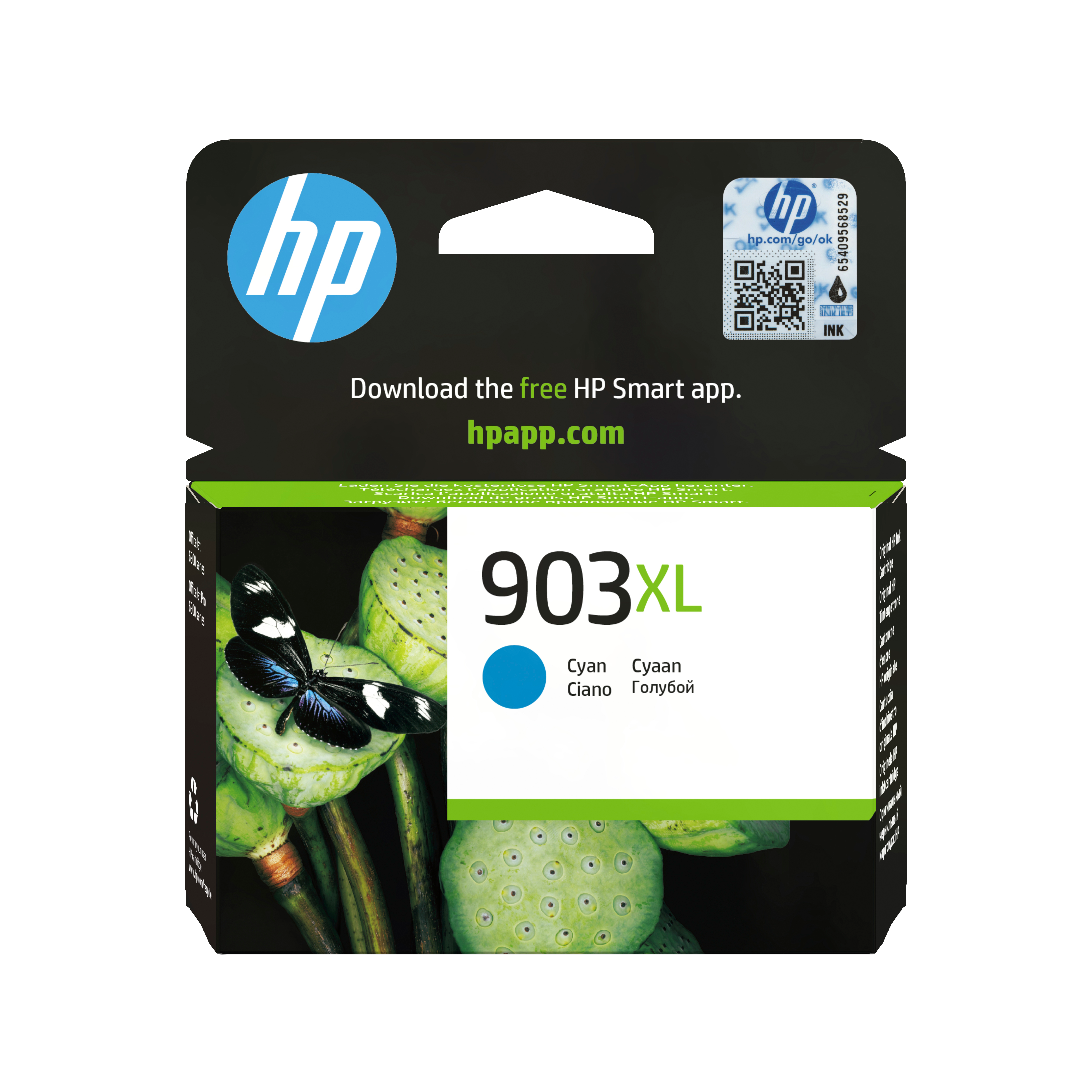 Tusz HP 903XL Cyan z motylem na kwiecie lotosu.