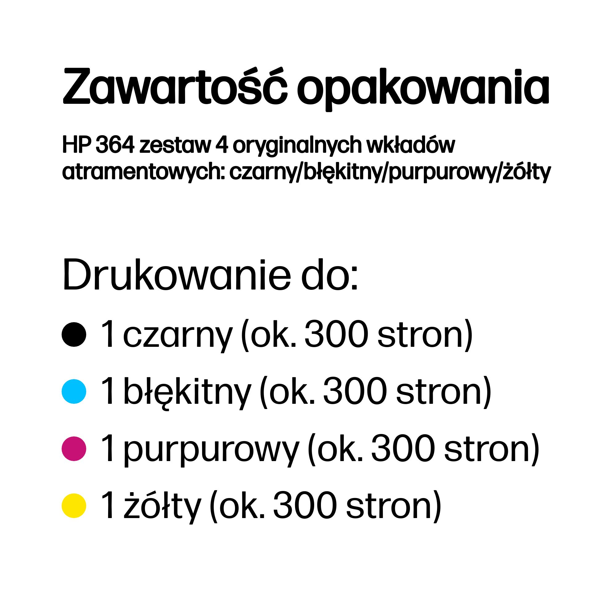 Zawartość opakowania: Zestaw HP 364 4 wkładów atramentowych: czarny, cyjan, magenta, żółty.