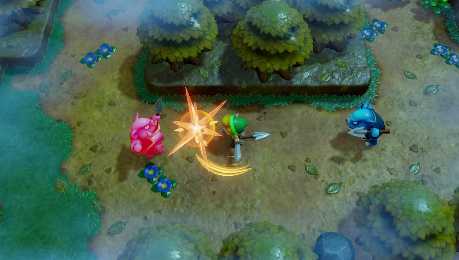 Postać w zielonym stroju walczy z różową świnią i niebieskim stworzeniem.