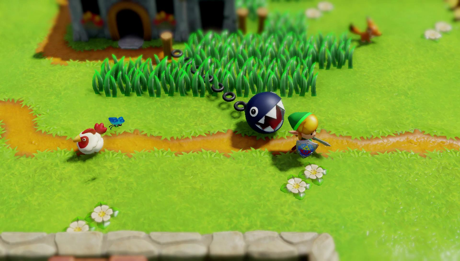 Link walczy z Chain Chompem na polu.