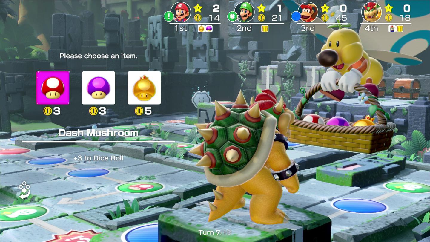 Bowser wybiera przedmiot: czerwony grzyb za 3 monety, fioletowy grzyb za 3 monety, złoty grzyb za 5 monet.
