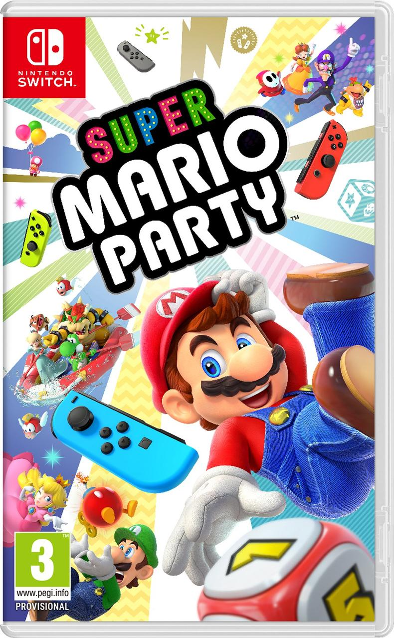 Super Mario Party Okładka: Mario, Luigi, Peach, Bowser, Waluigi, Shy Guy, Joy-Cons.
