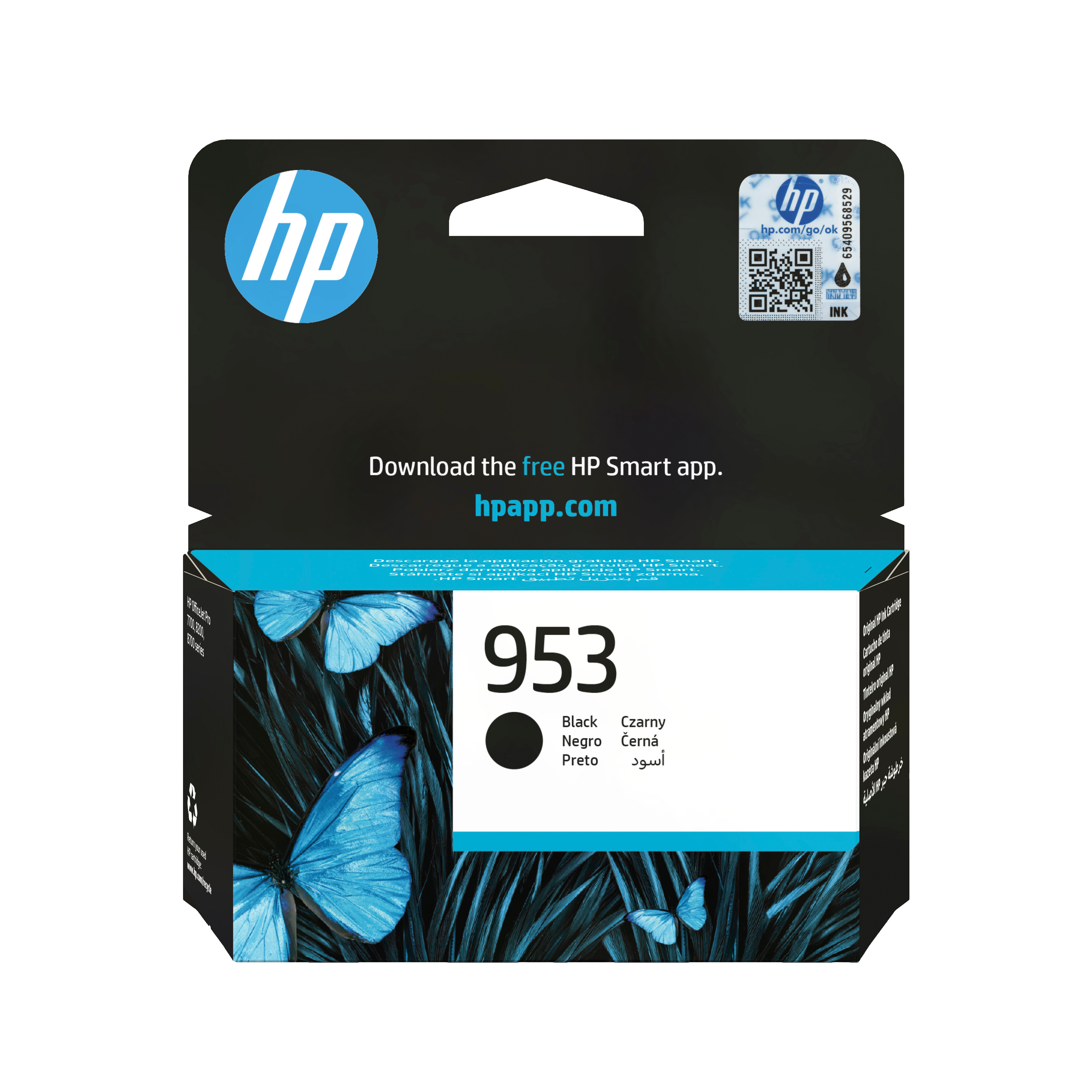Czarny tusz HP 953 z motywem motyla. Pobierz darmową aplikację HP Smart.