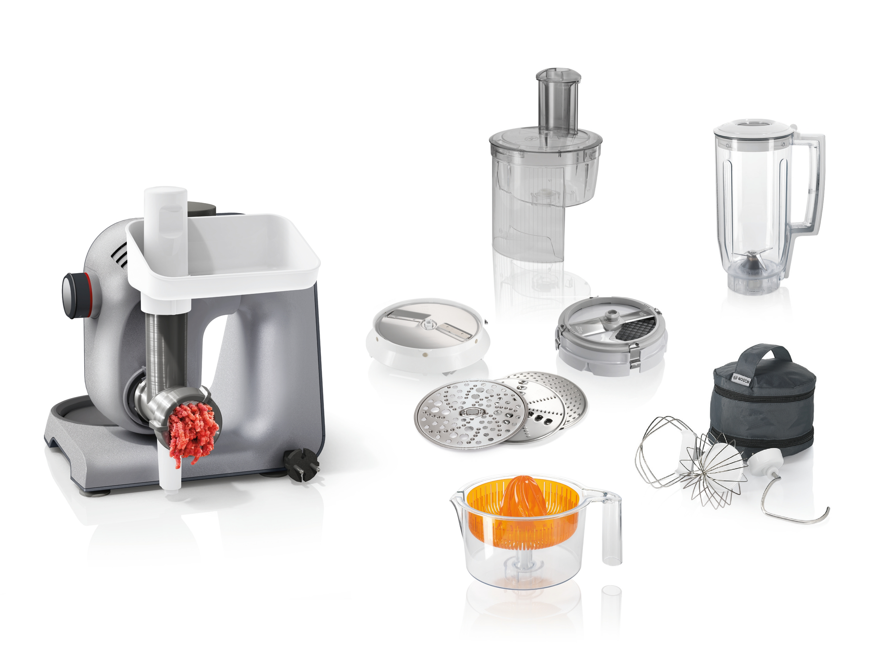 Akcesoria robotów kuchennych: maszynka do mięsa, blender, siekacz, wyciskarka, trzepaczka.
